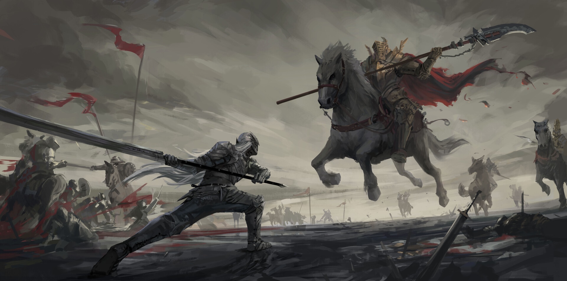 Fantasy knights in battle with swords and spears HD Wallpaper
