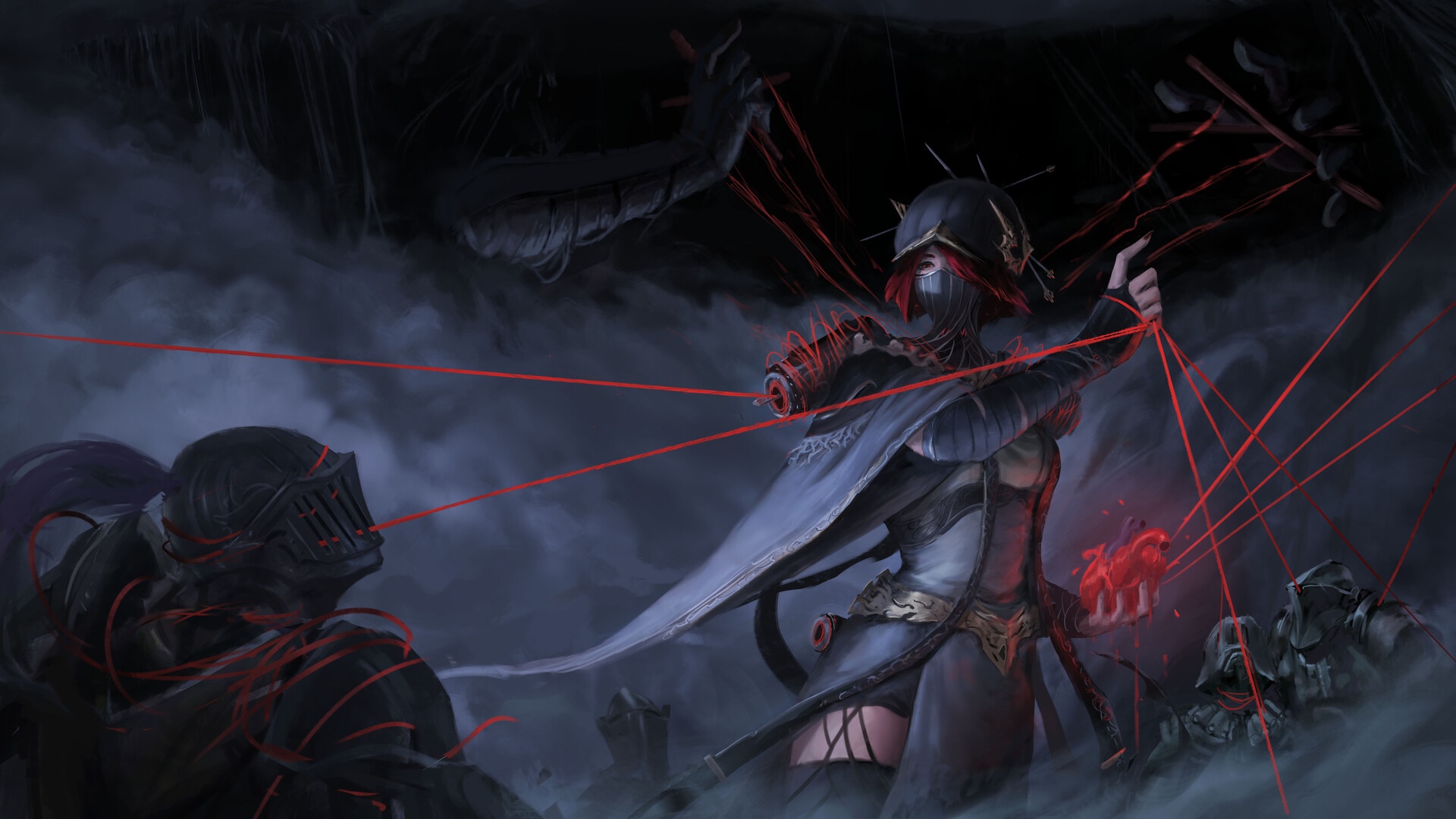 Fantasy art of a figure controlling knights with red strings HD Wallpaper