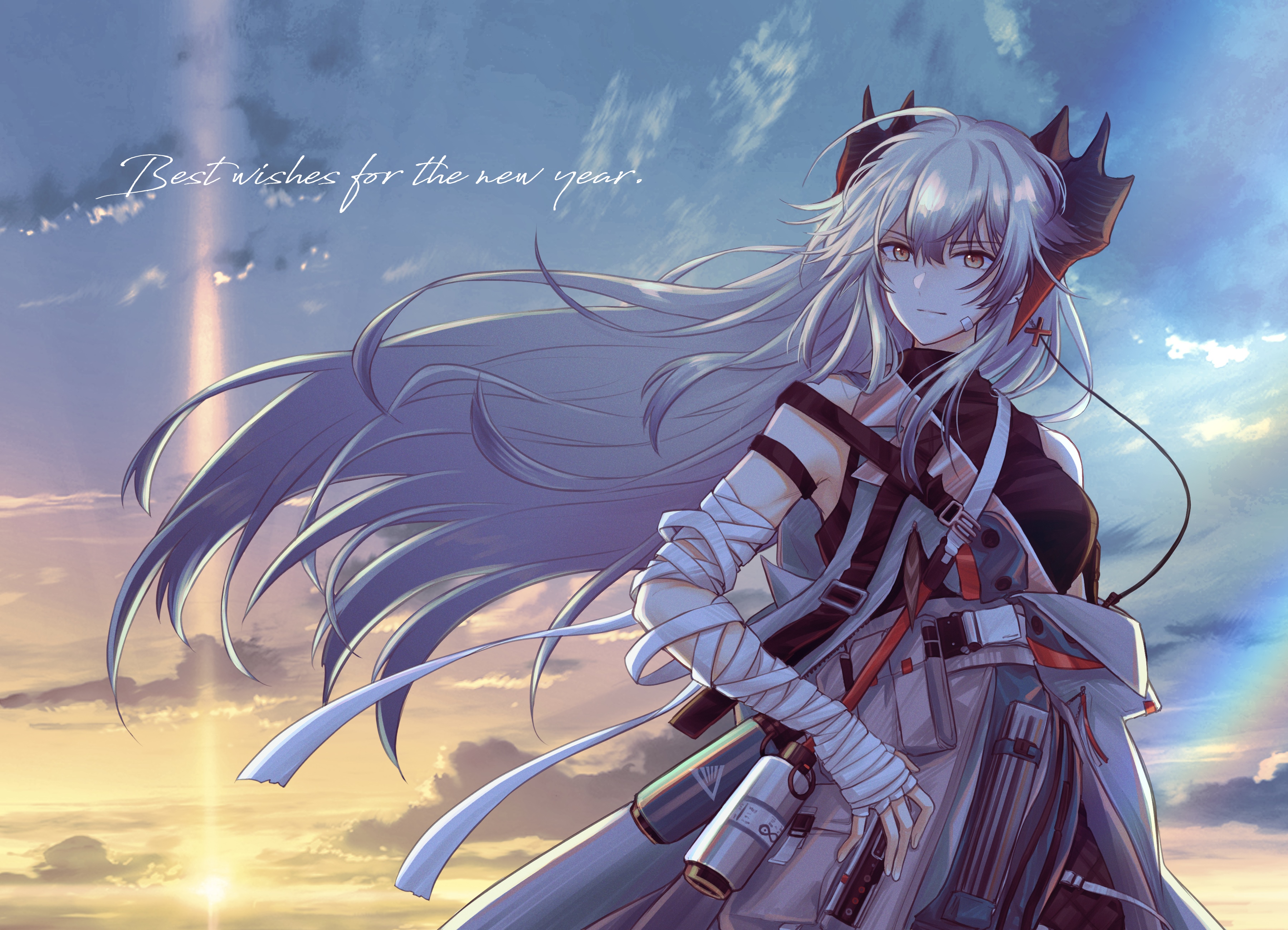 Saria from Arknights with white hair against the sky HD Wallpaper