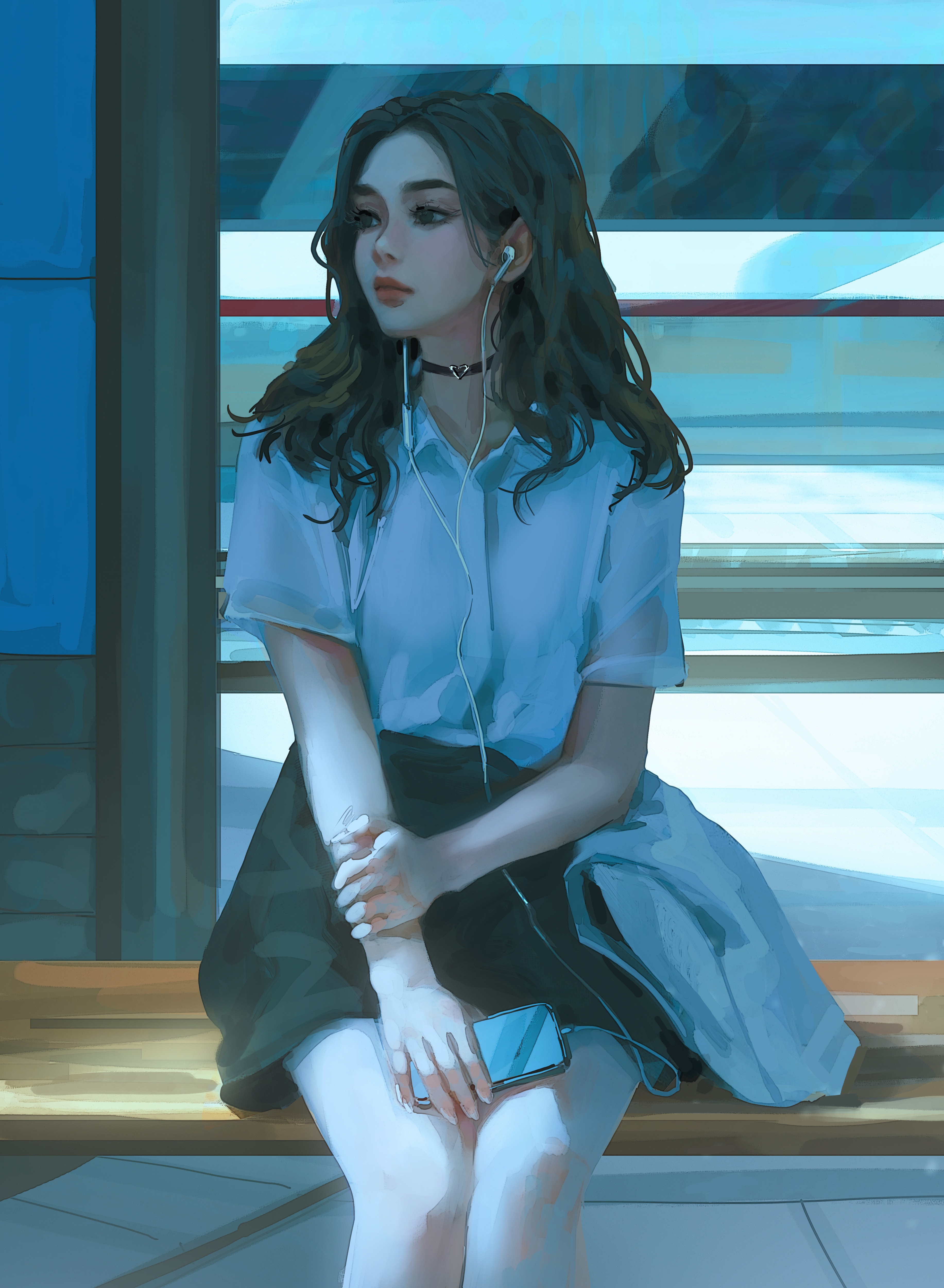 Fan art of a brunette girl with a choker listening to music HD Phone Wallpaper