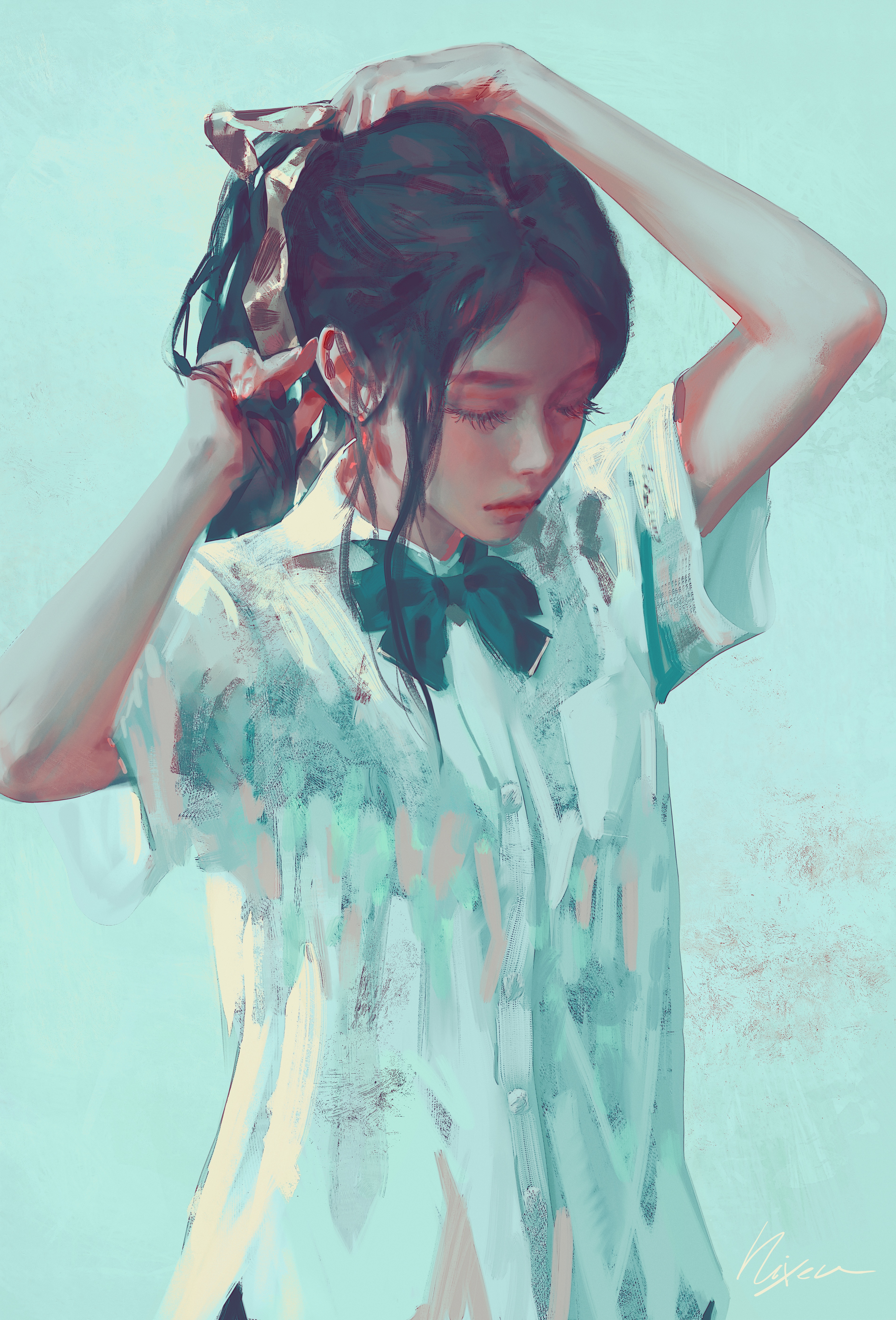 Fan art of a girl tying her hair with a ribbon HD Phone Wallpaper