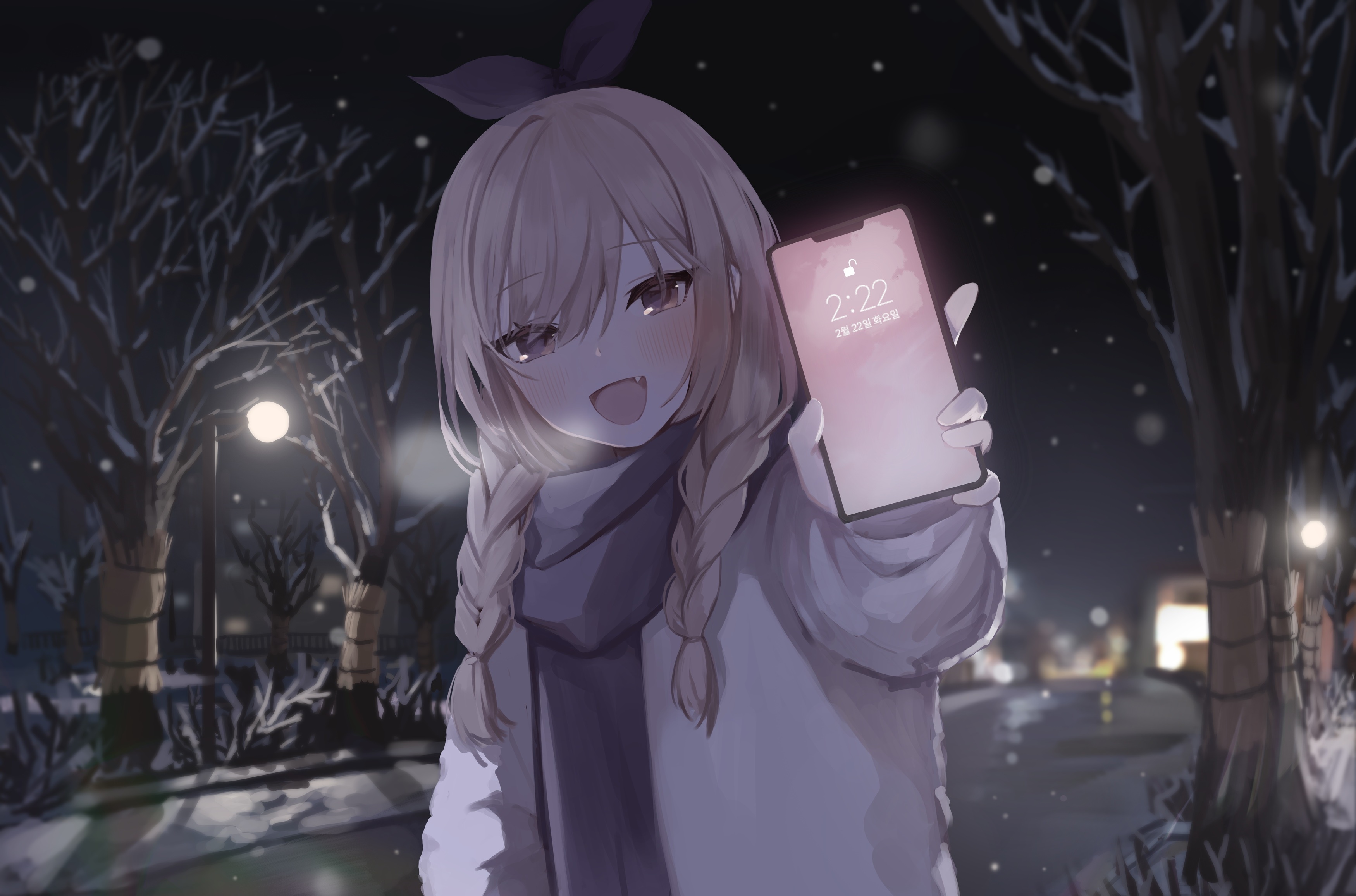 Anime girl holding a smartphone at night in the snow HD Wallpaper