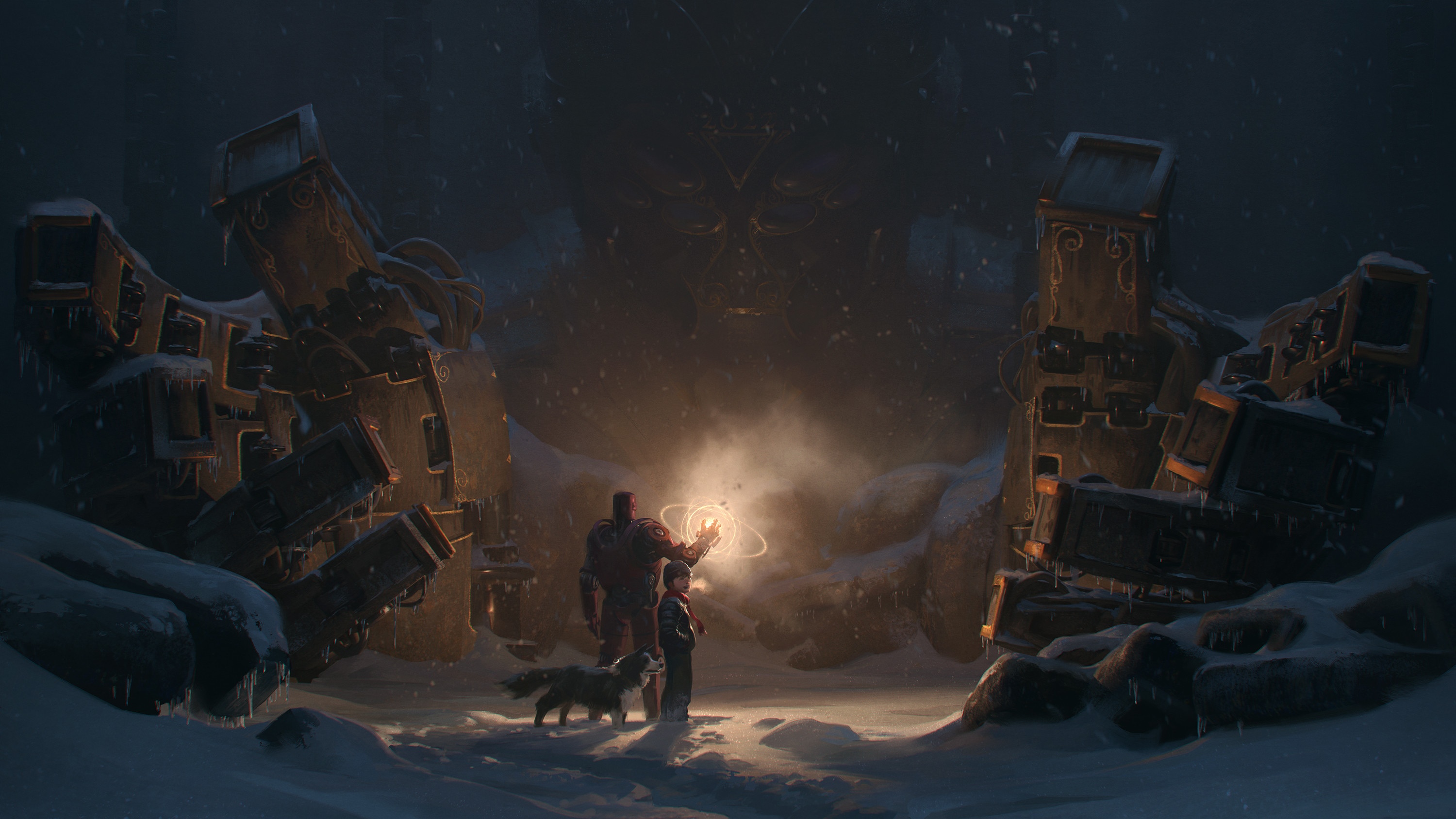 Artwork of a giant robot and a boy in snow HD Wallpaper