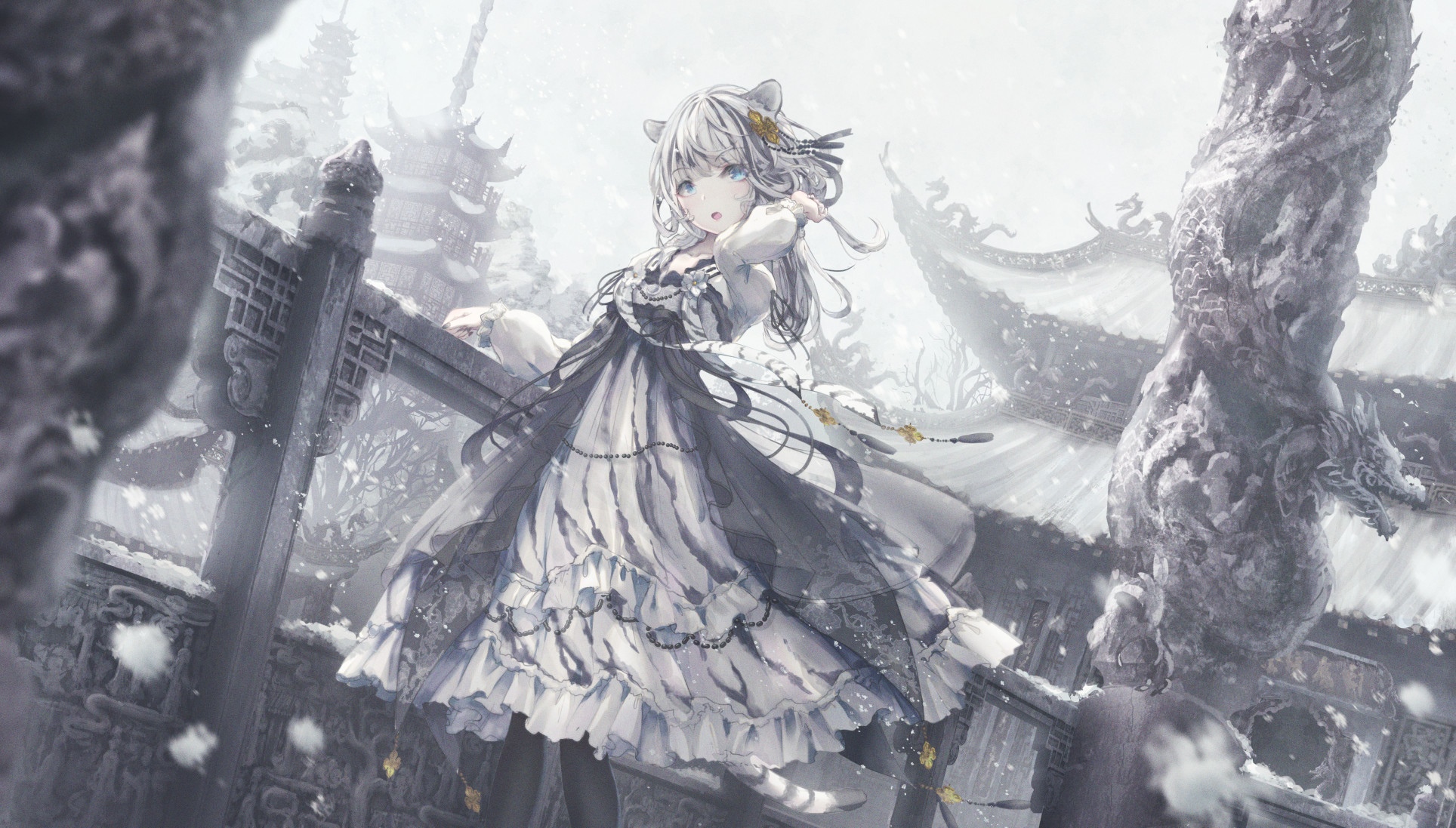 White tiger girl in lolita dress in snowy landscape HD Wallpaper