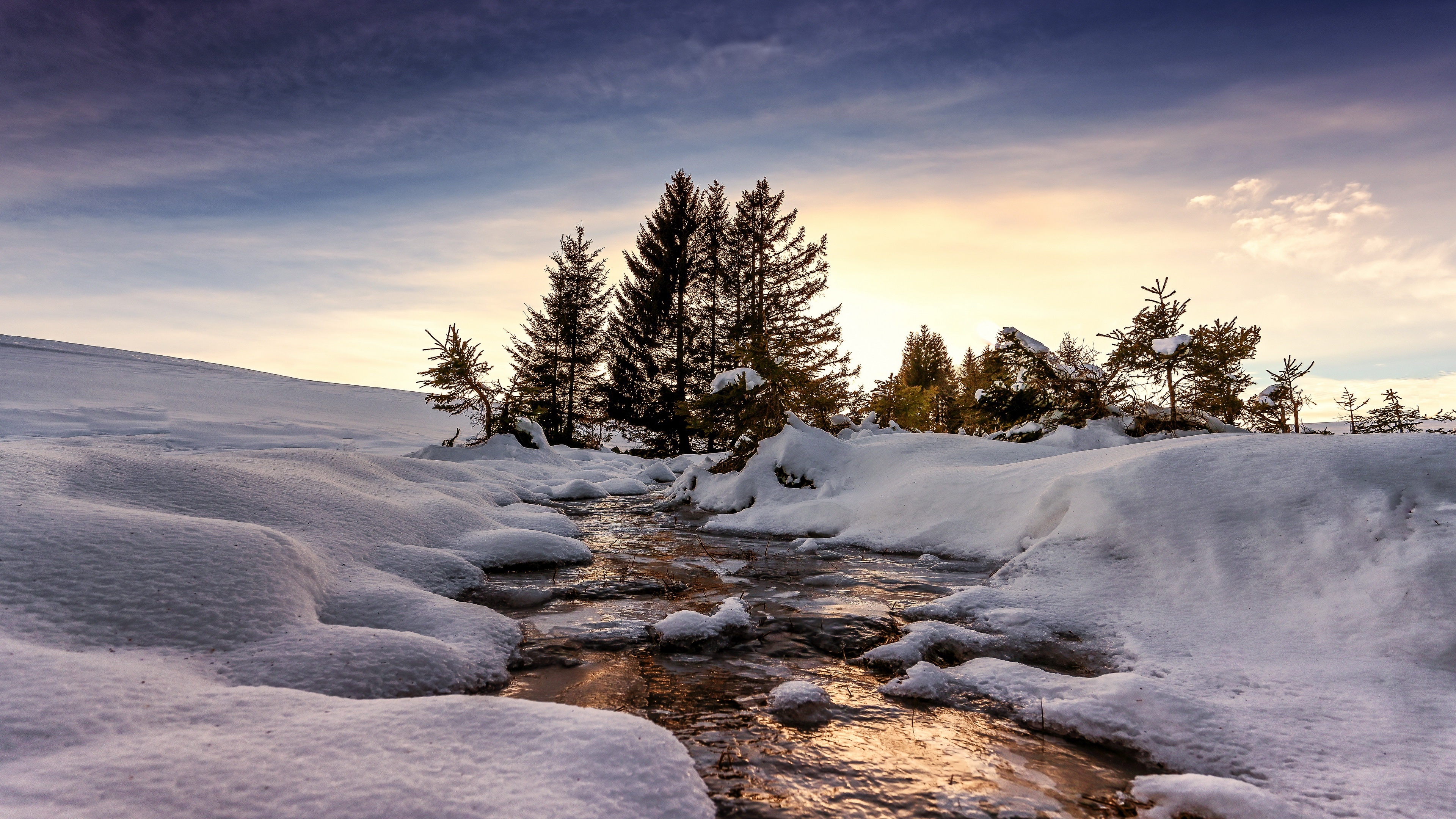 4K Winter Creek with Snow and Trees HD Wallpaper