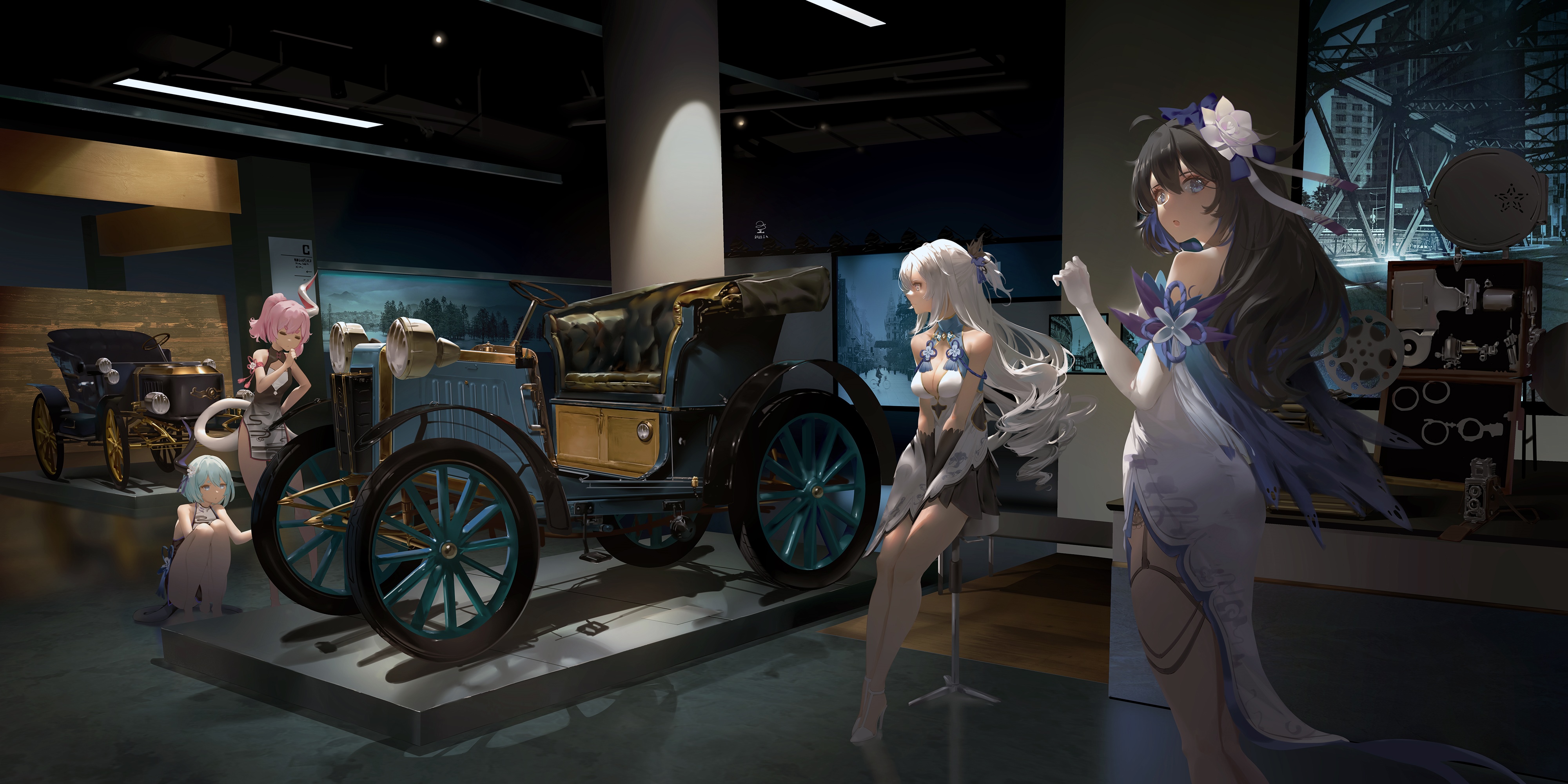 Honkai Impact 3rd characters with old cars HD Wallpaper