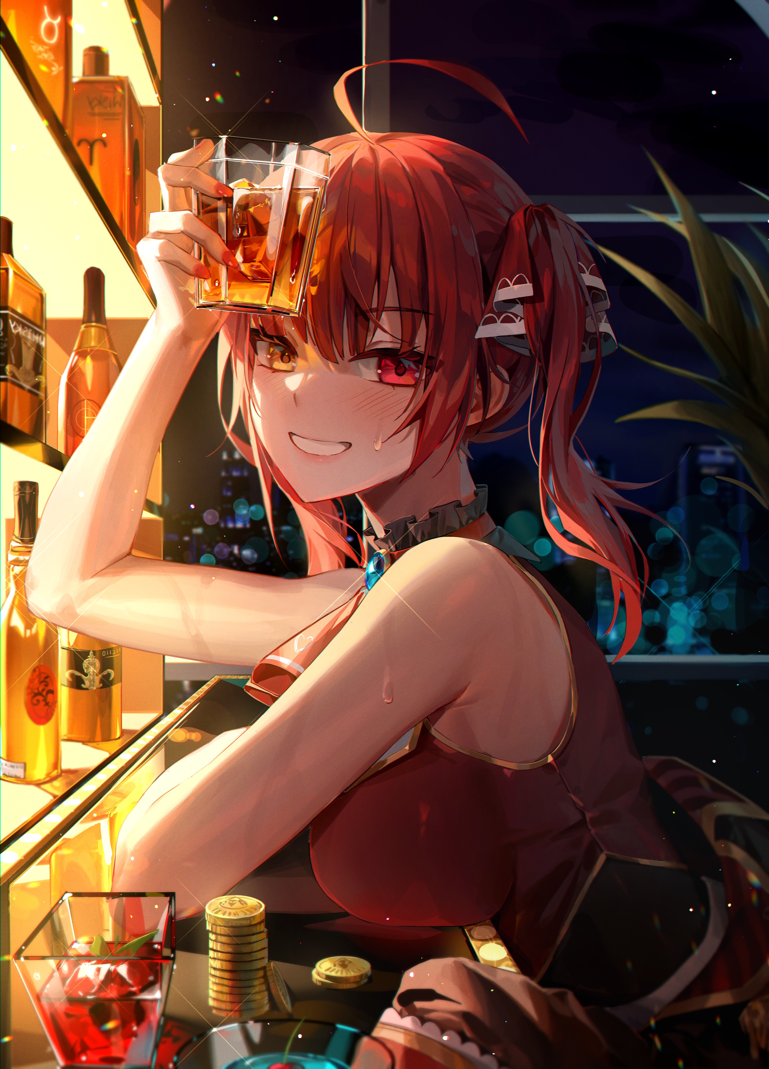 Houshou Marine holding a drink at a bar HD Phone Wallpaper