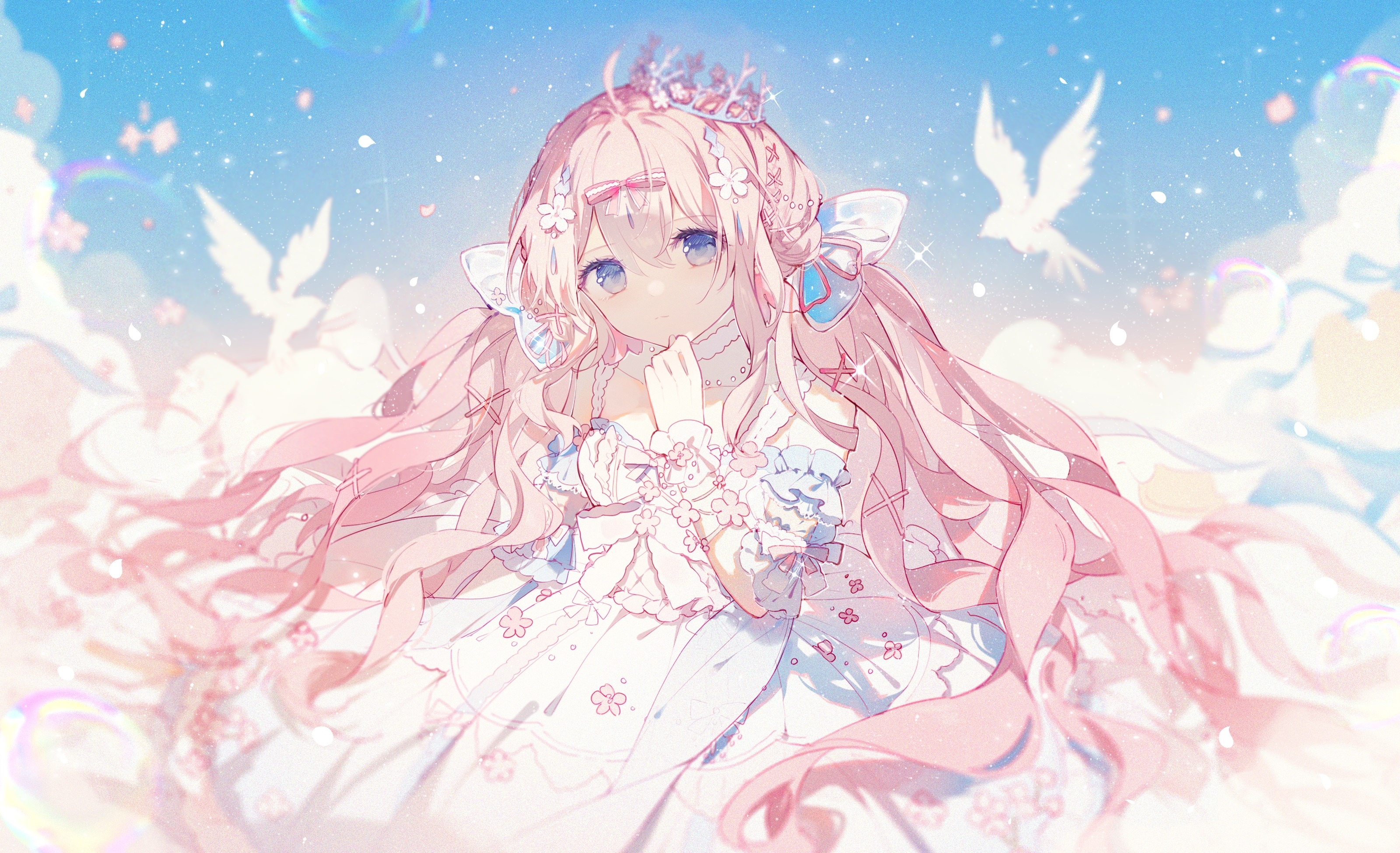 Anime girl with pink hair and blue eyes HD Wallpaper