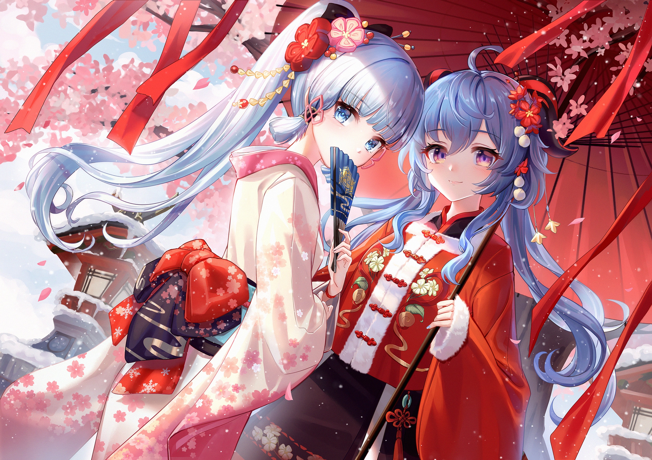 Kamisato Ayaka and Yun Ting with Cherry Blossoms and Snow HD Wallpaper