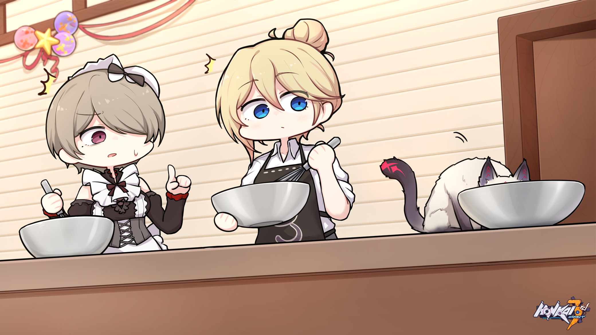 Honkai Impact 3rd: Rita, Bianka, and a Cat Baking HD Wallpaper