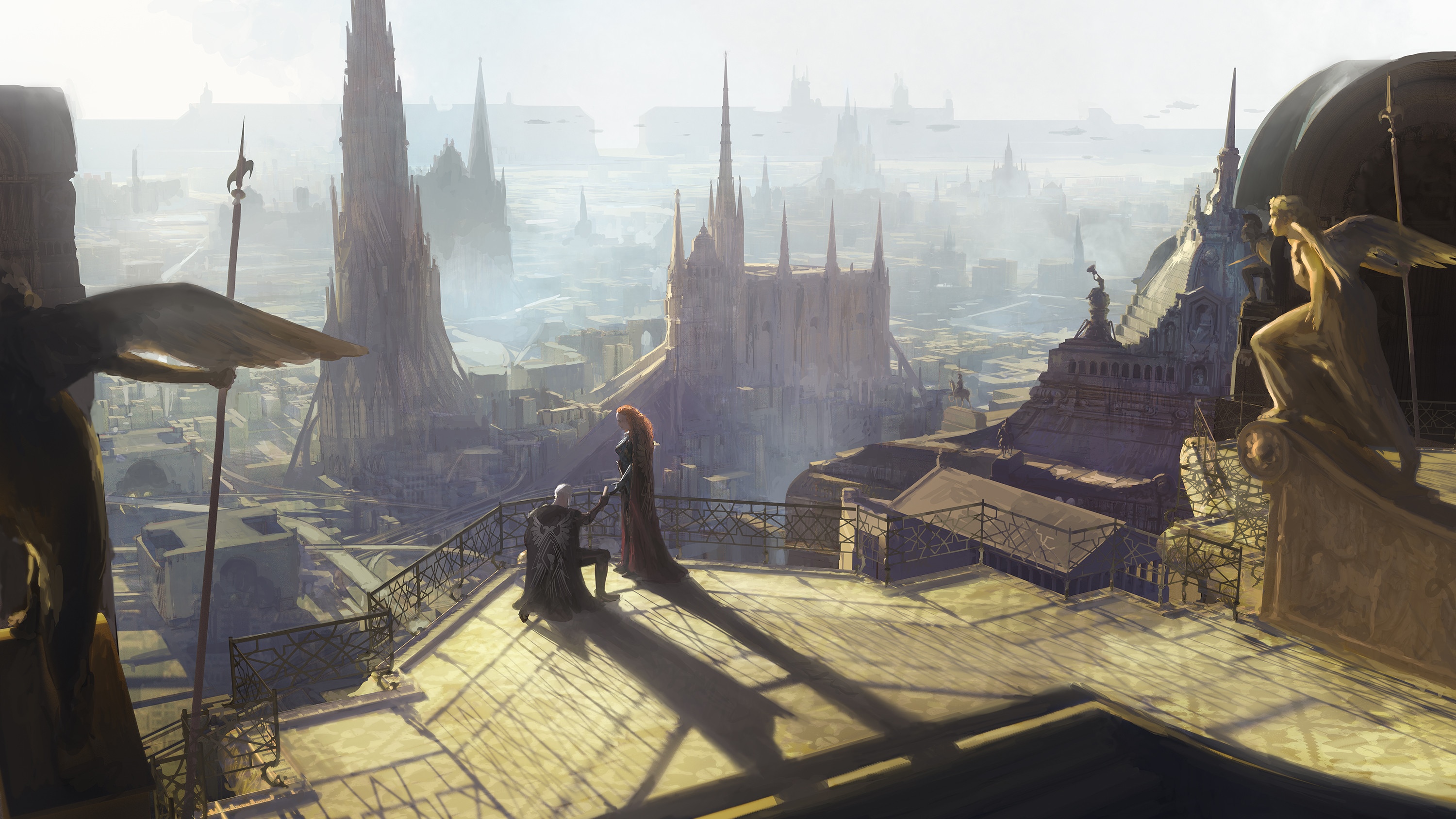 Fantasy Cityscape with a Couple Proposing HD Wallpaper