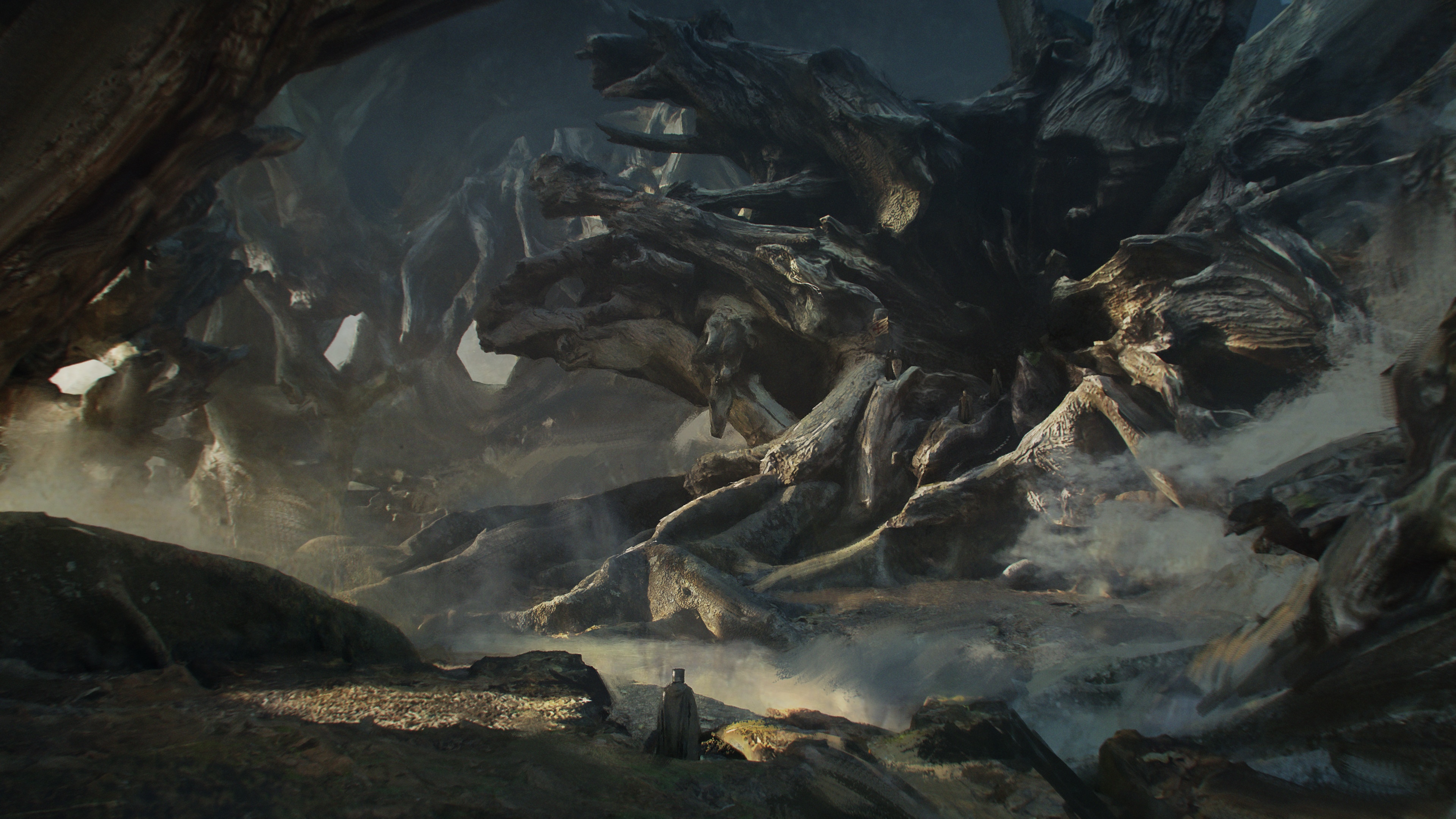 Fantasy art of a dark, cavernous landscape HD Wallpaper