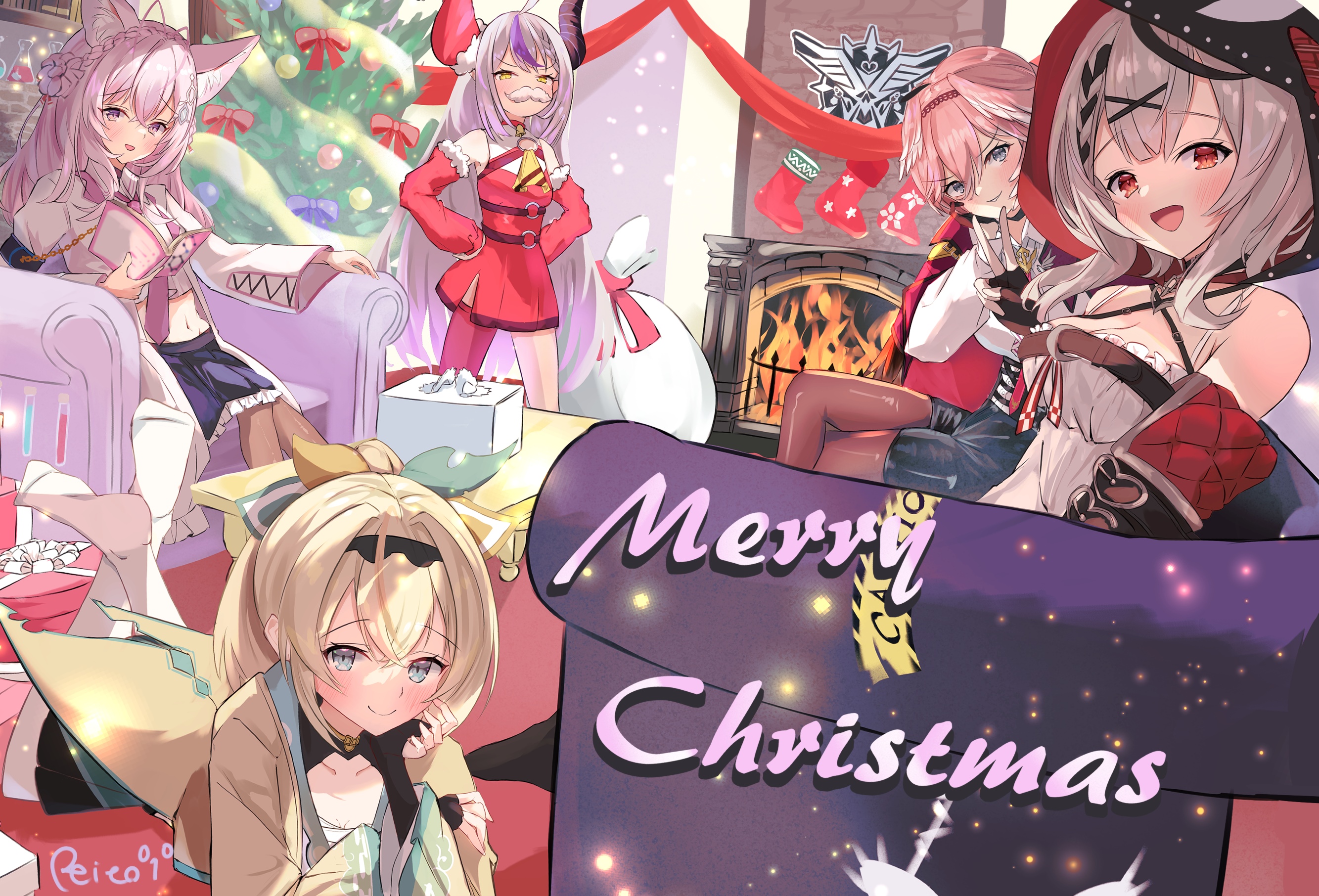 Hololive VTubers Celebrate Christmas by a Fireplace HD Wallpaper