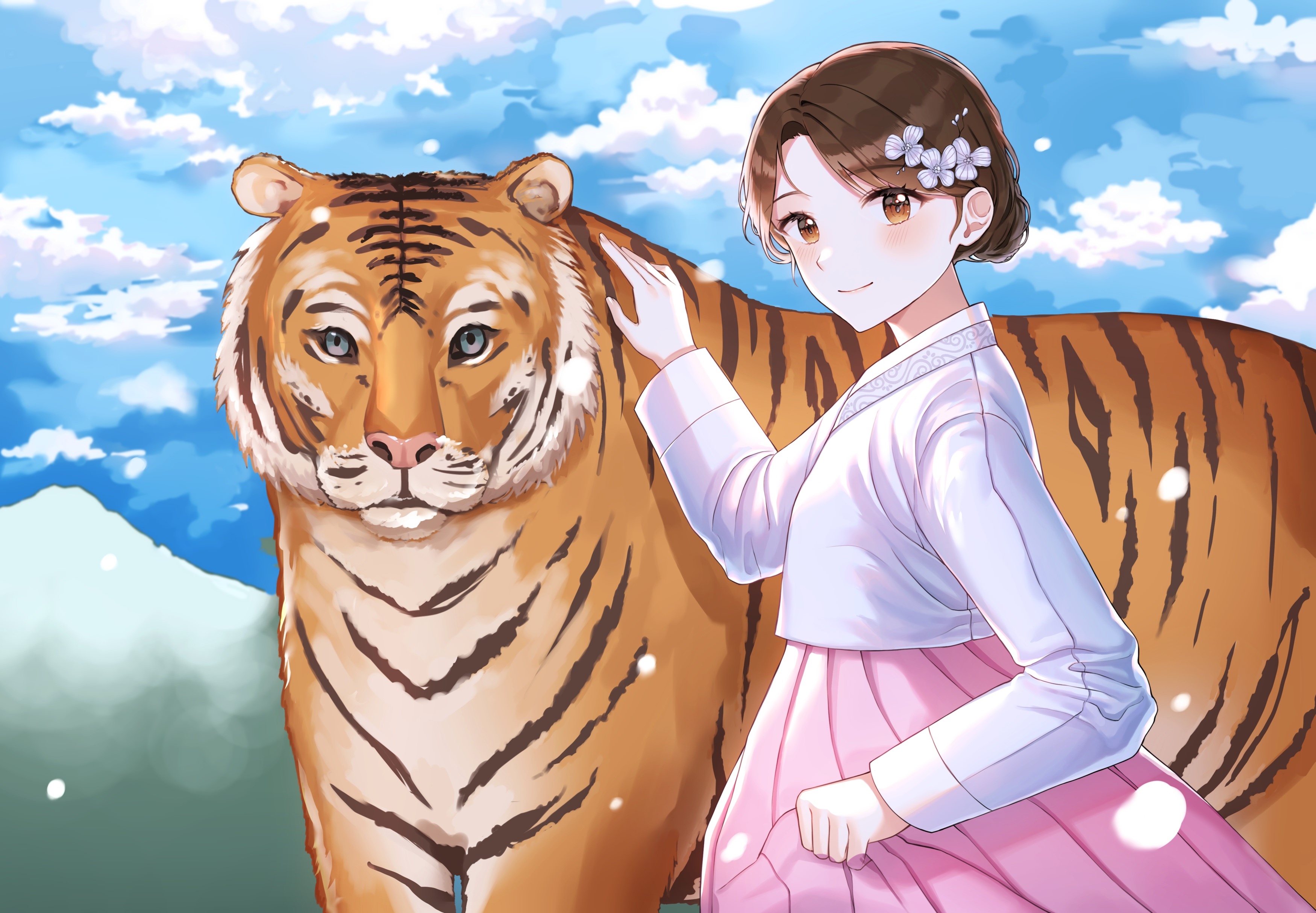 Girl in Hanbok petting a tiger HD Wallpaper