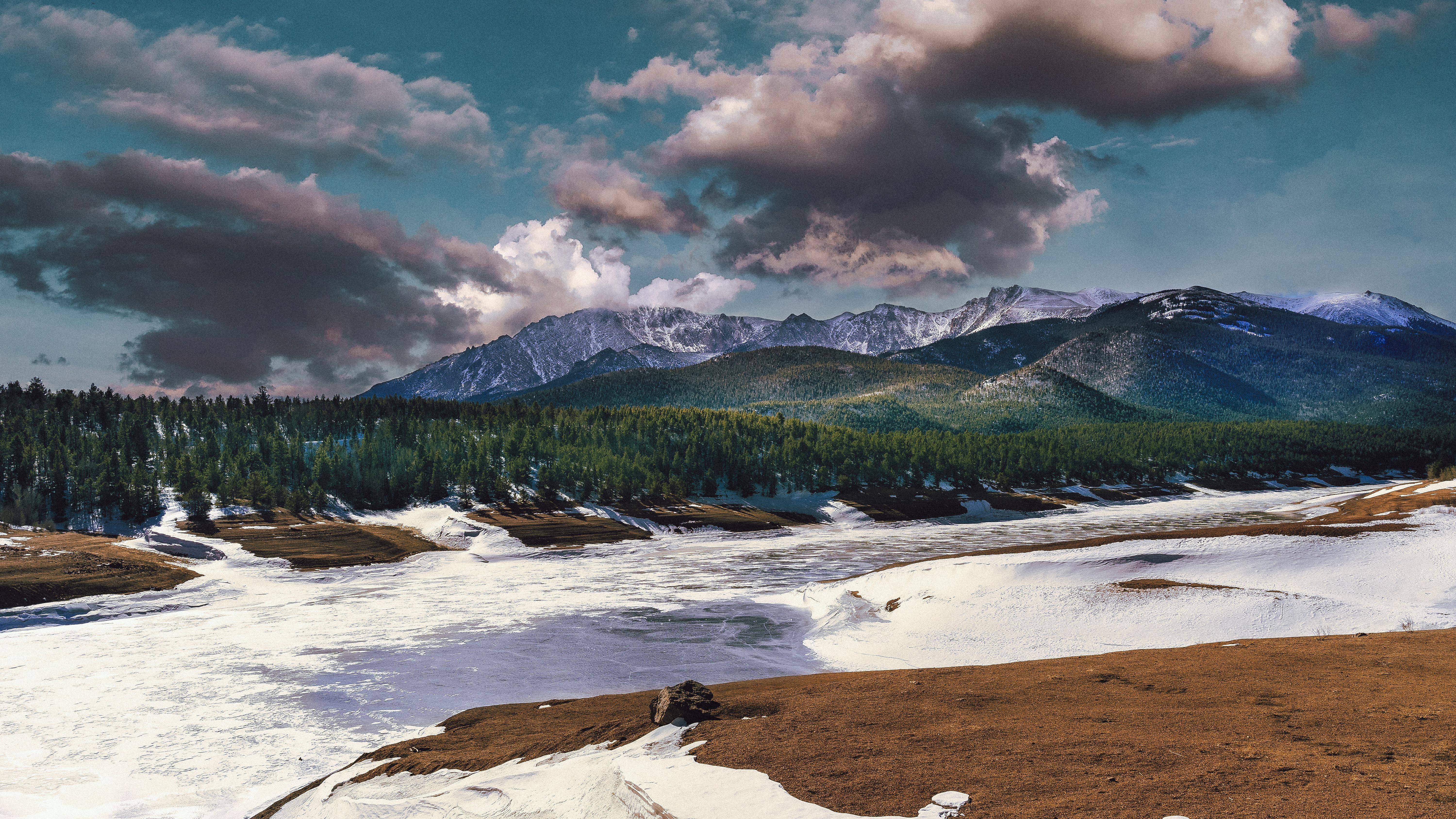 4K mountains with trees and snow HD Wallpaper