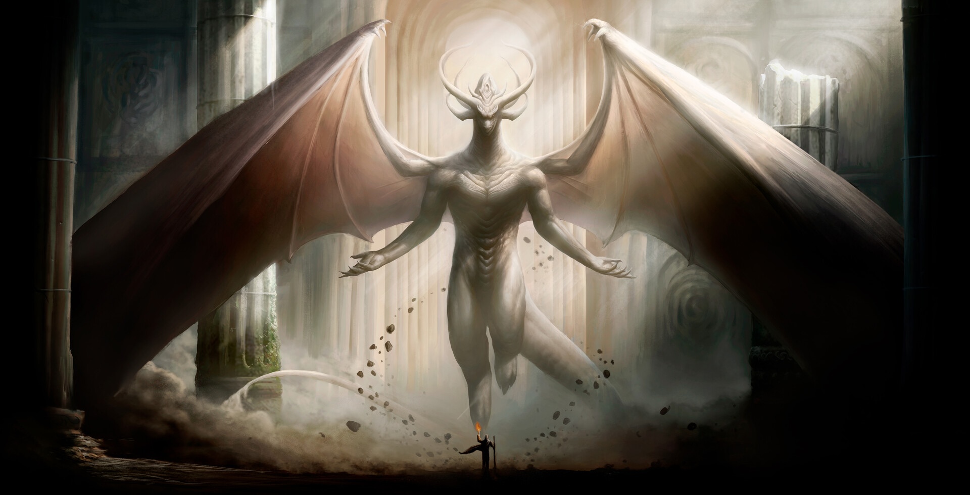 Dragon deity with outstretched arms in ancient ruins HD Wallpaper