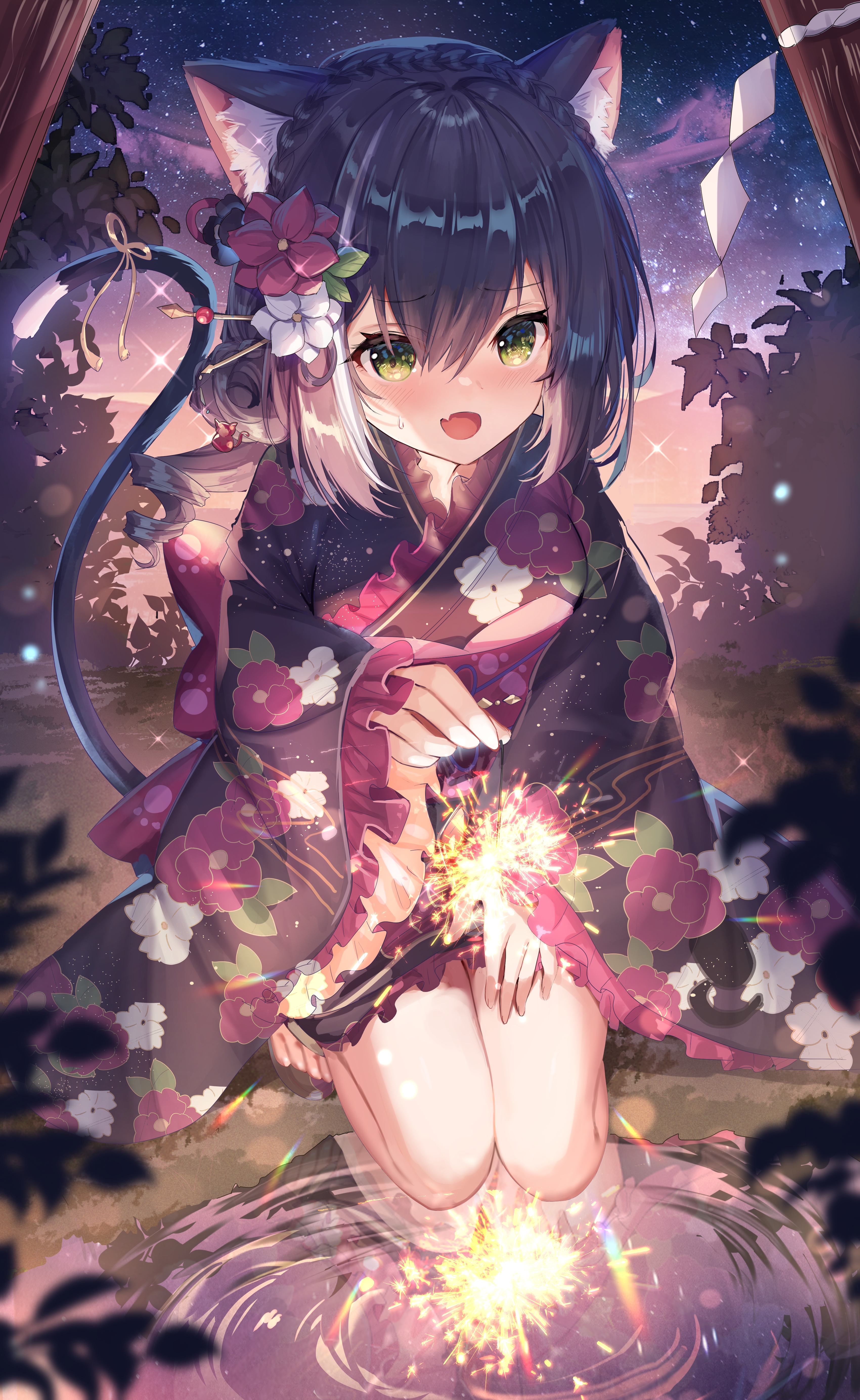 Cat girl in kimono holding sparklers HD Phone Wallpaper
