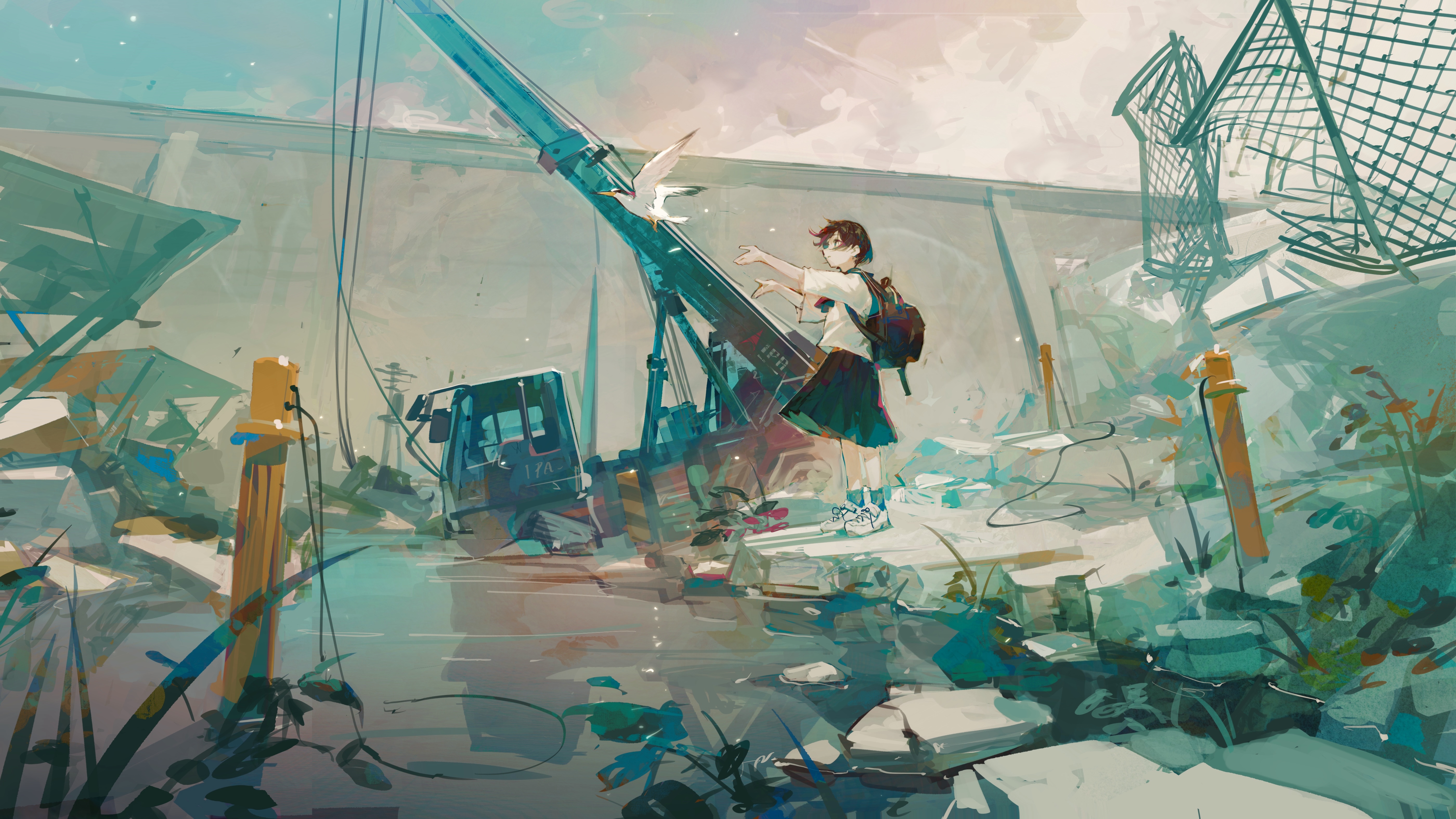 A girl in a school uniform with a bird and a crane HD Wallpaper