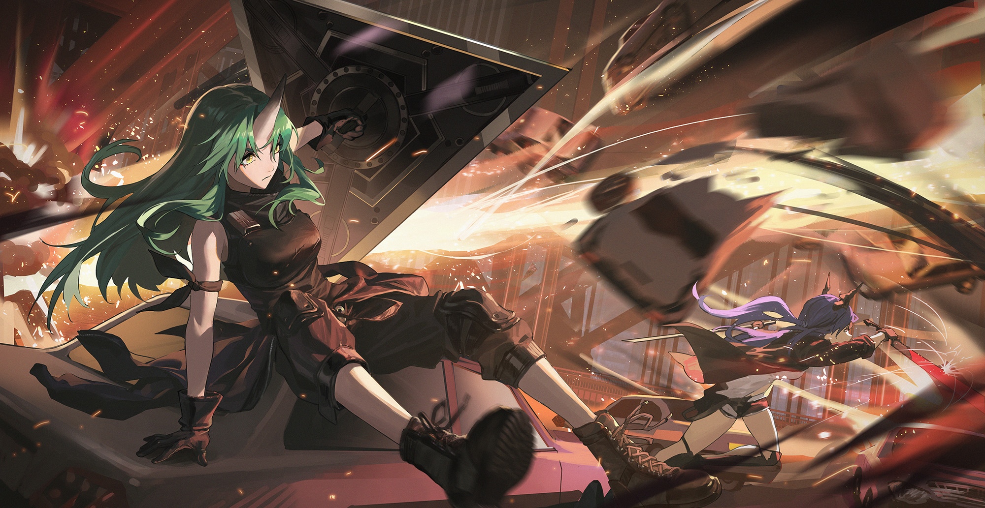 Arknights: Chen and Hoshiguma in battle HD Wallpaper