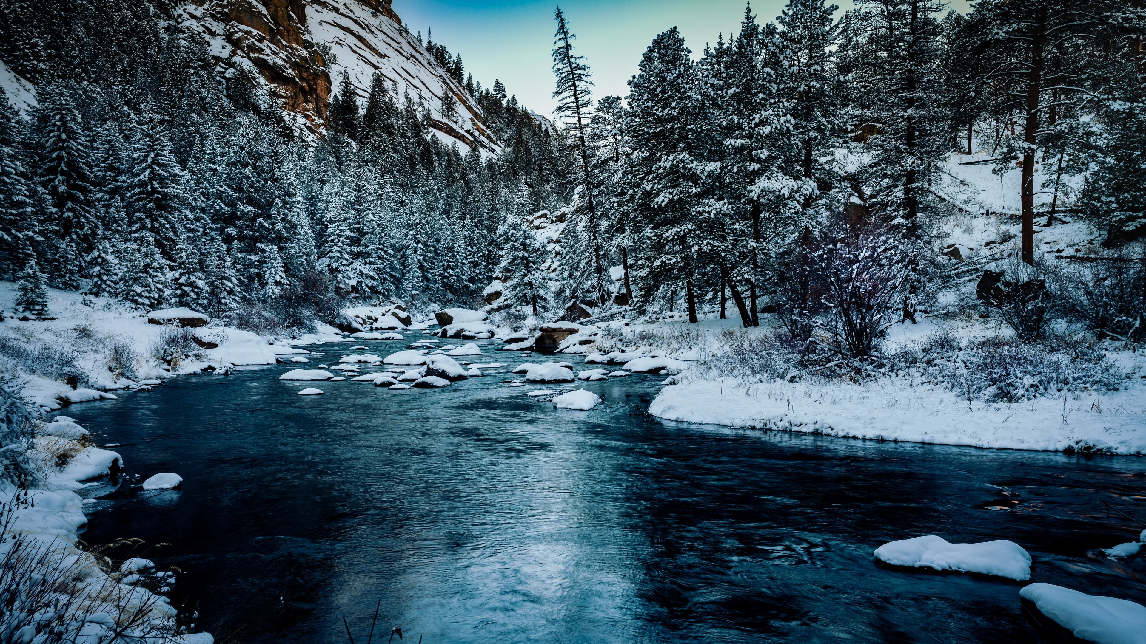4K Winter Mountain River with Snow-Covered Trees HD Wallpaper