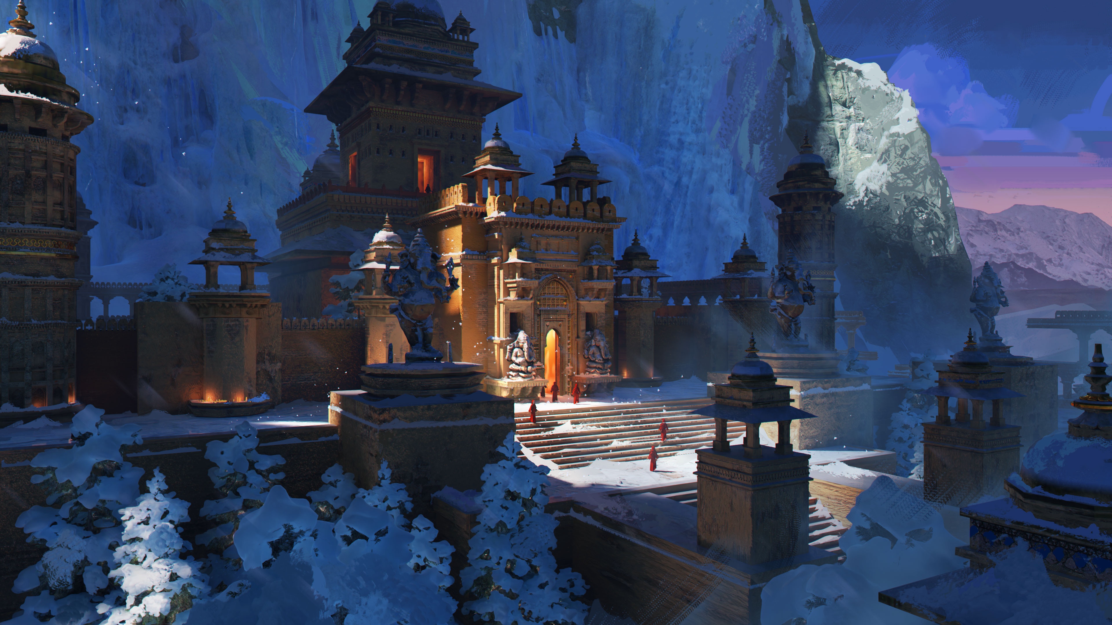 Snowy temple complex in the mountains HD Wallpaper