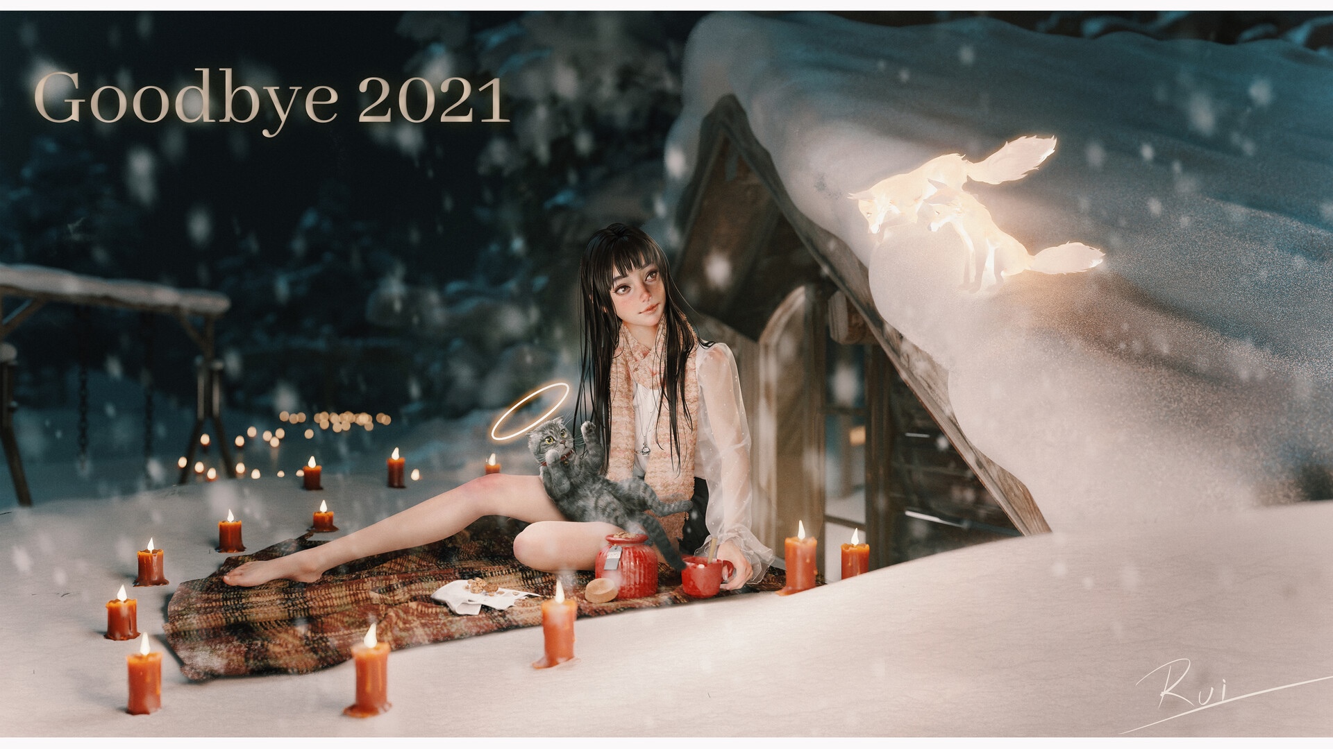 Rui Li's Goodbye 2021 artwork with girl and cat HD Wallpaper