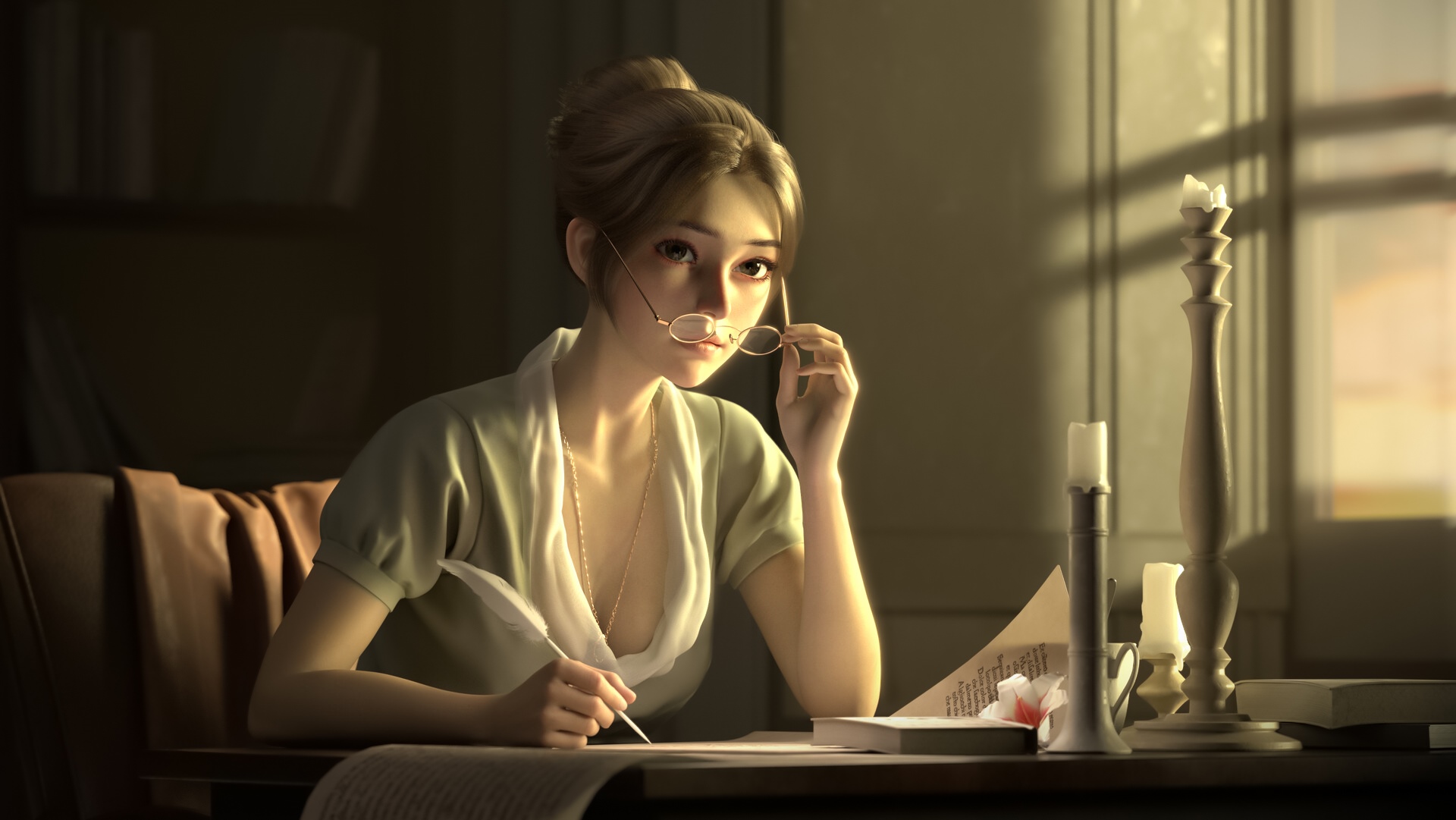 Woman with glasses writing with a quill pen HD Wallpaper