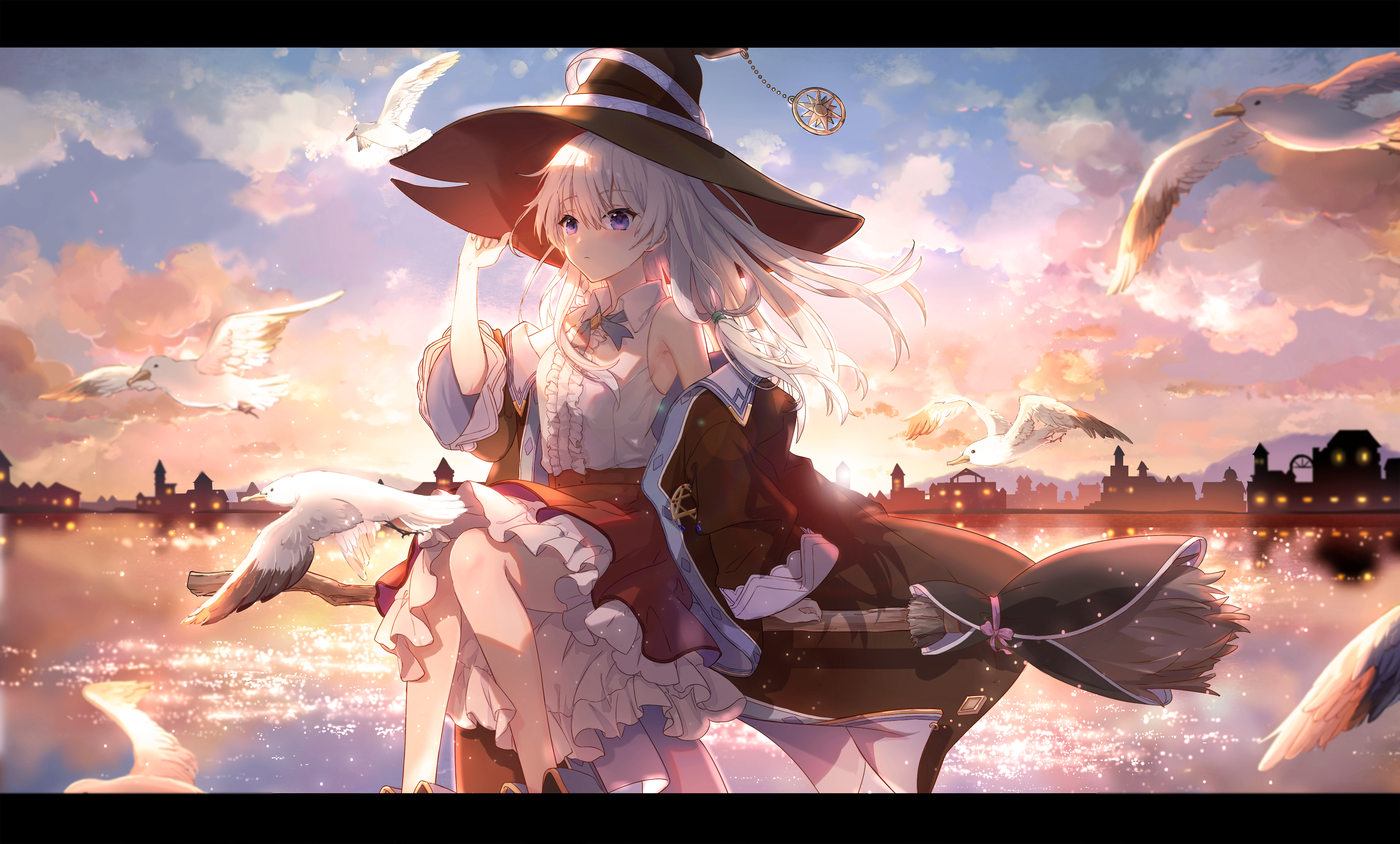 Elaina the witch flying on a broom with seagulls HD Wallpaper