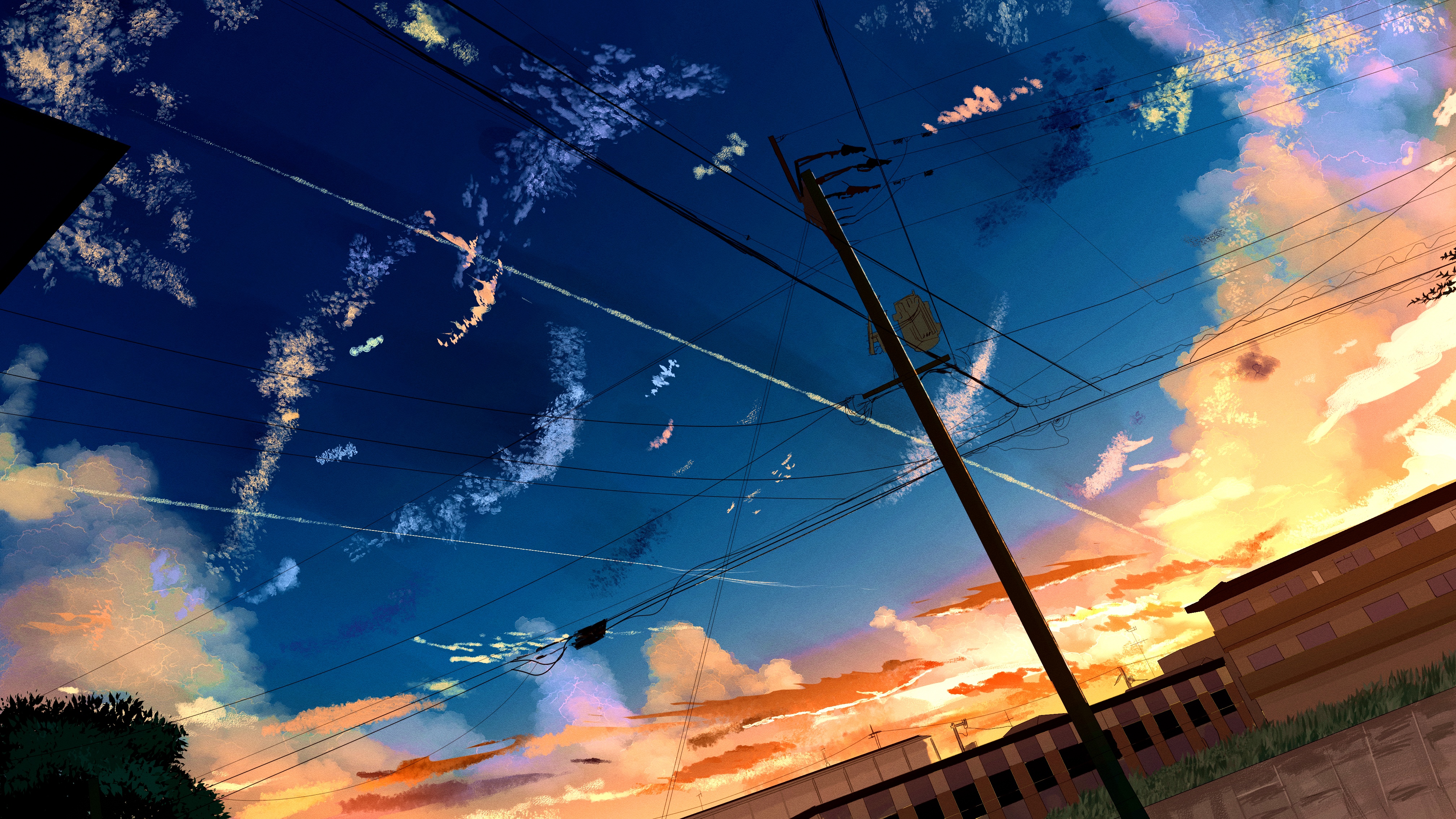 4K sunset sky with utility pole and clouds HD Wallpaper