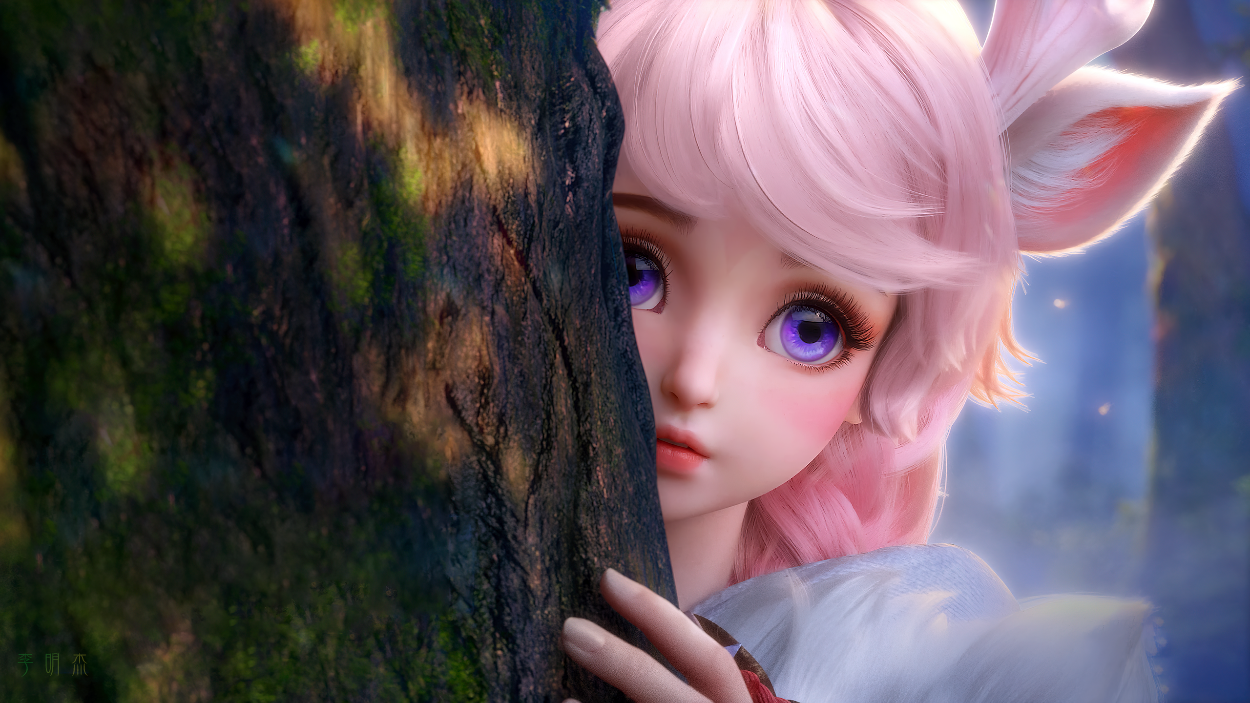 Honor of Kings character peeking from behind a tree HD Wallpaper