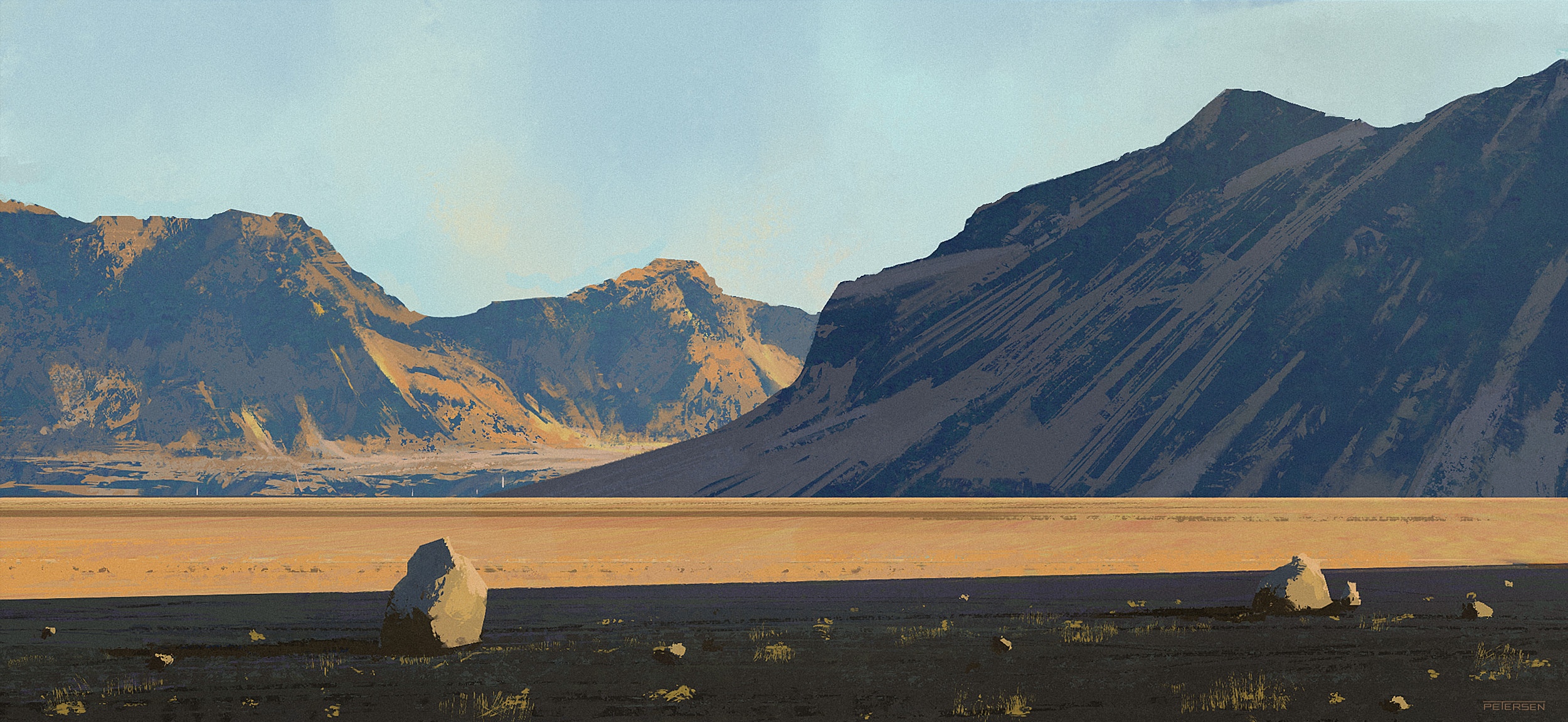 Artwork of mountains and a desert landscape HD Wallpaper