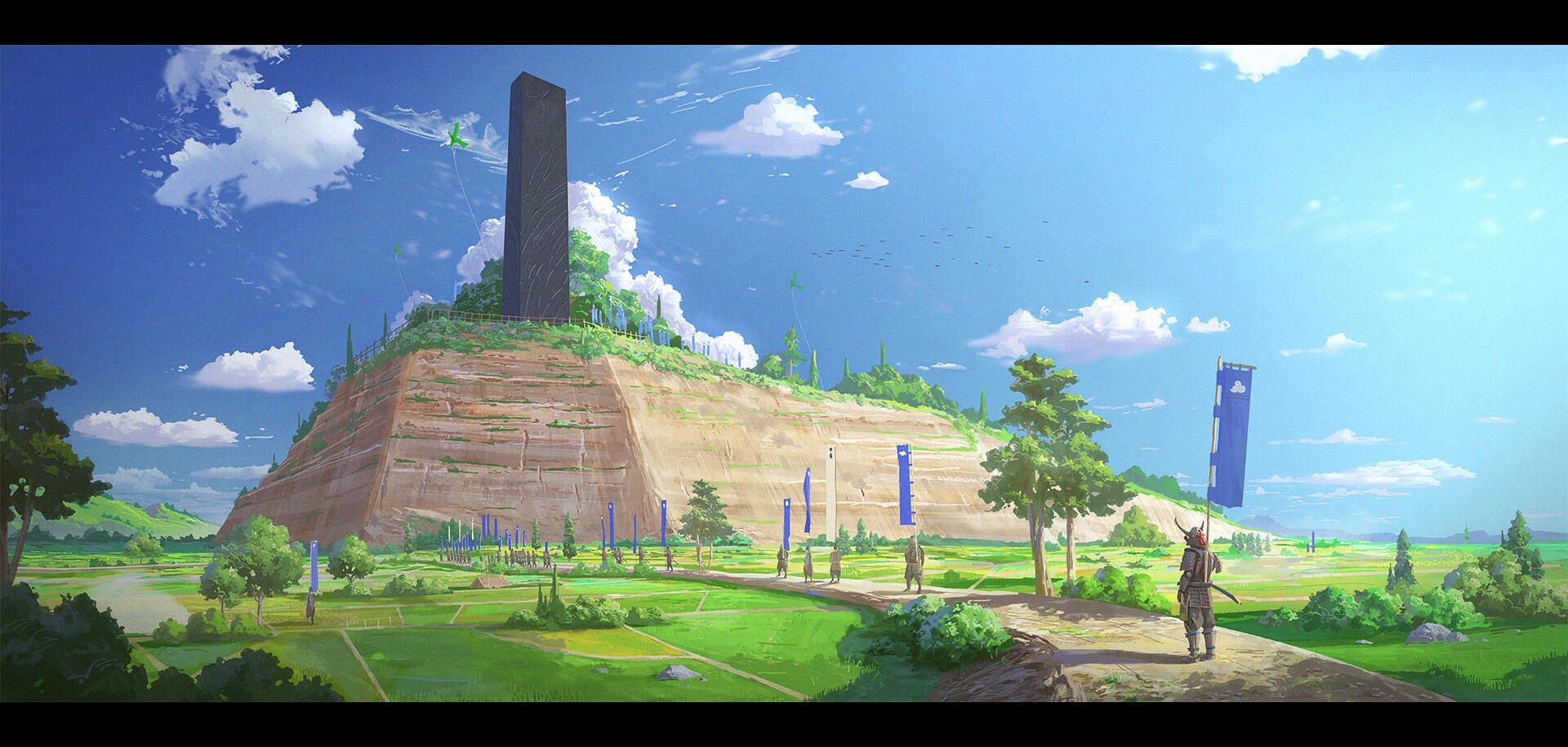 Samurai near a large monolith on a grassy hill HD Wallpaper