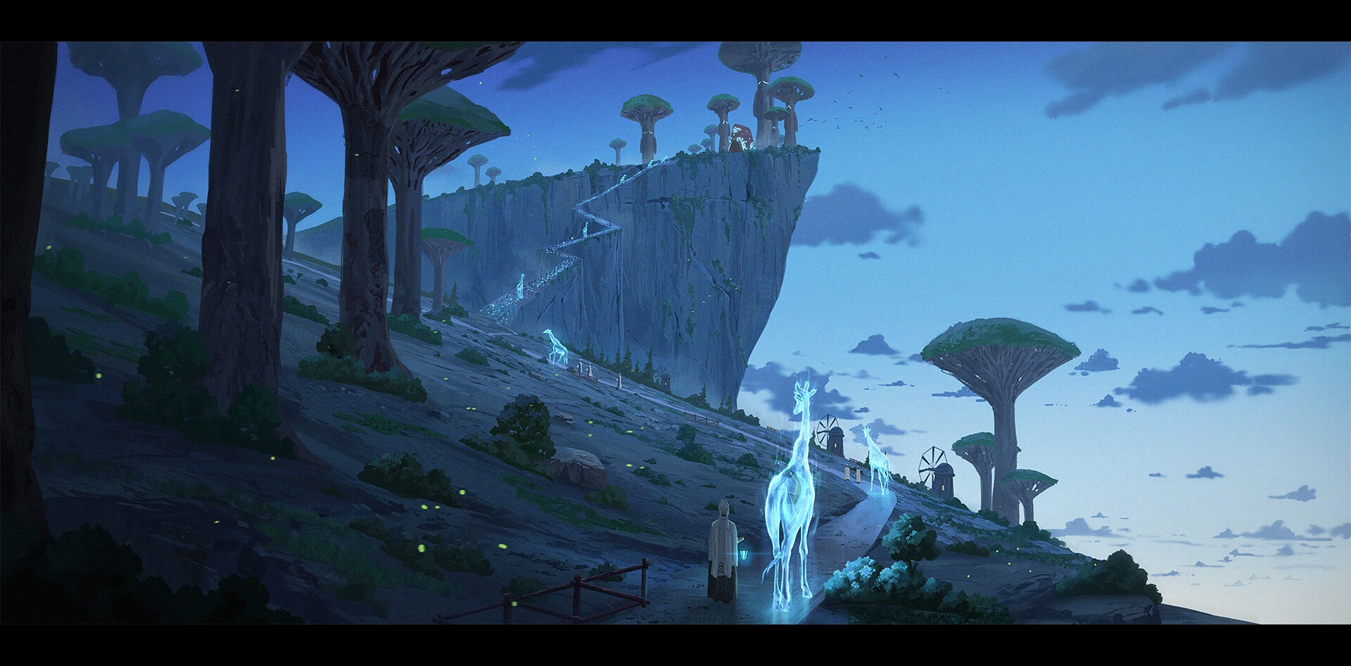 Fantasy landscape with glowing giraffes and ancient trees HD Wallpaper