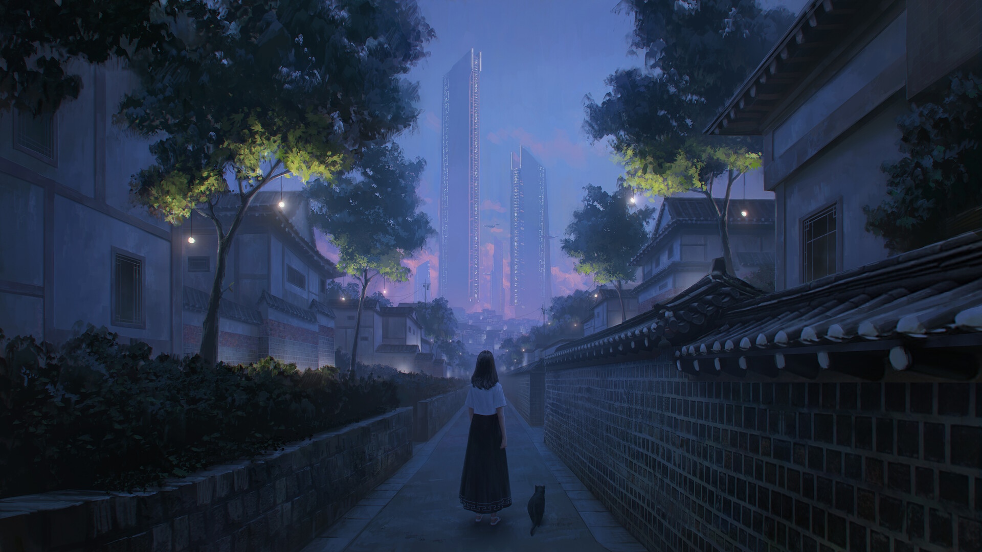 Girl and cat walk past traditional Korean houses towards futuristic city HD Wallpaper