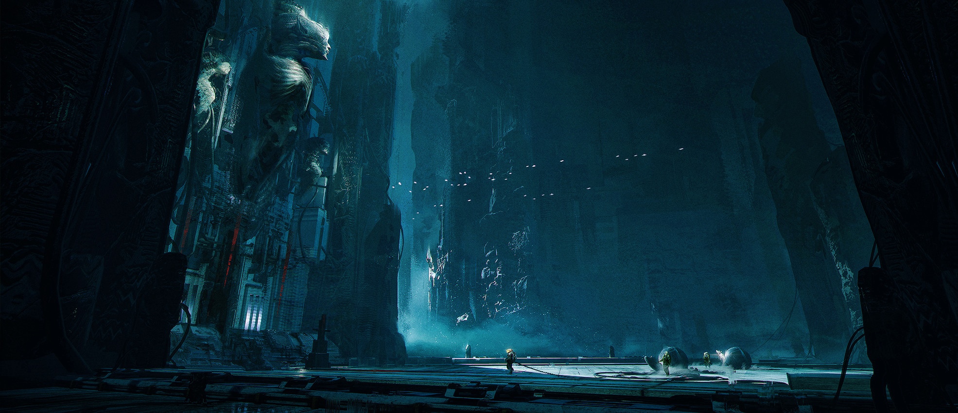 Alien Engineers' chamber with figures and eggs HD Wallpaper