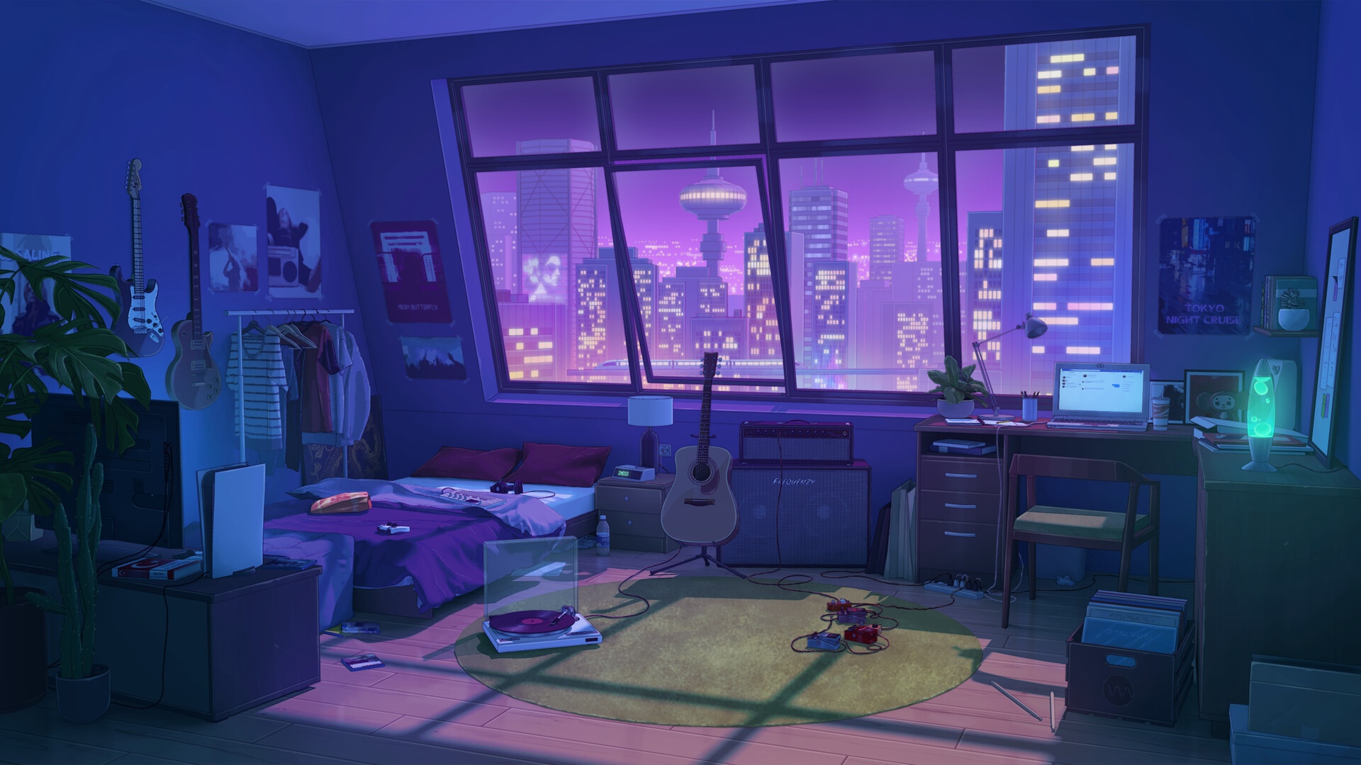 Anime bedroom with city view at night HD Wallpaper