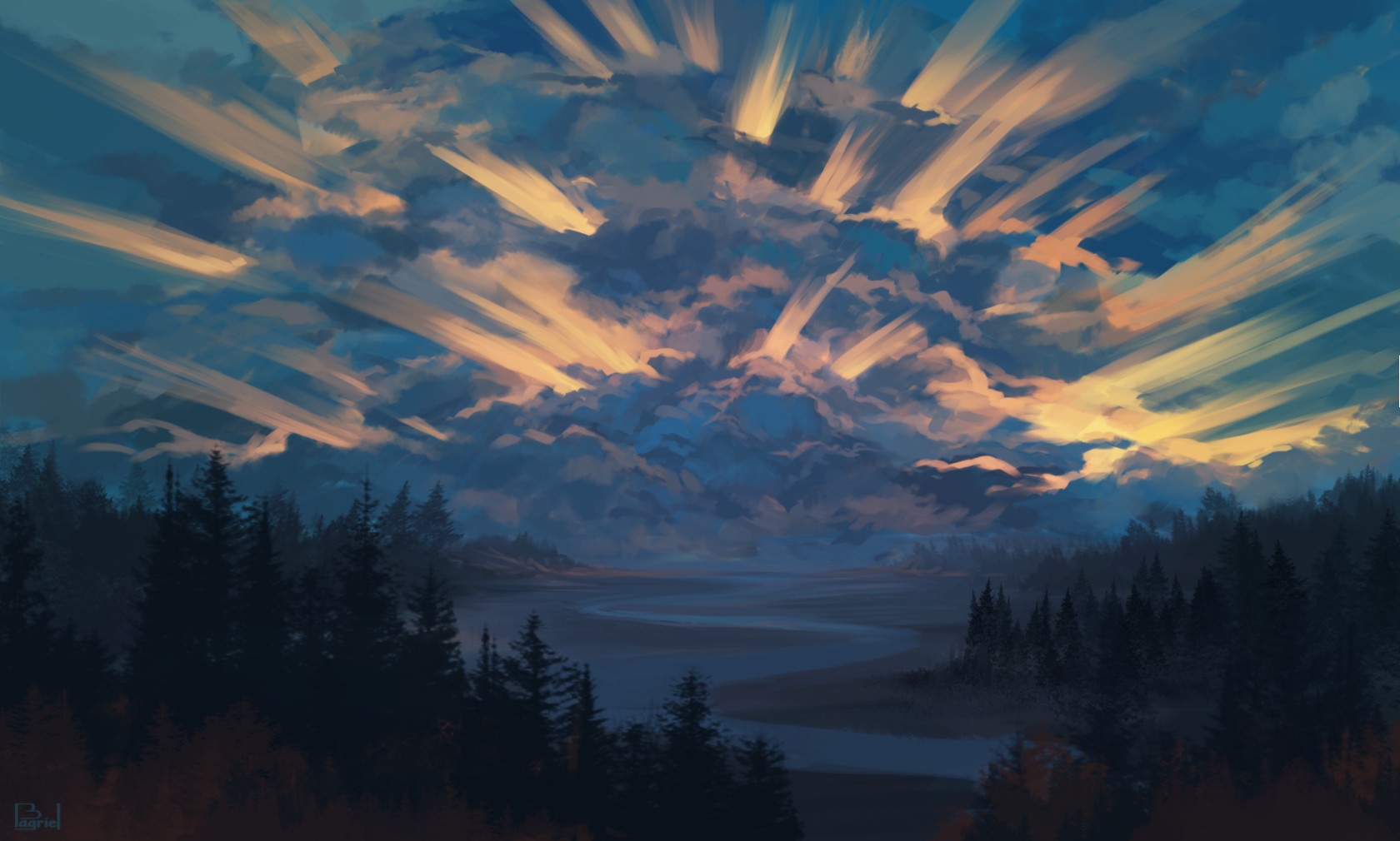 Dramatic sky over a forest and river HD Wallpaper