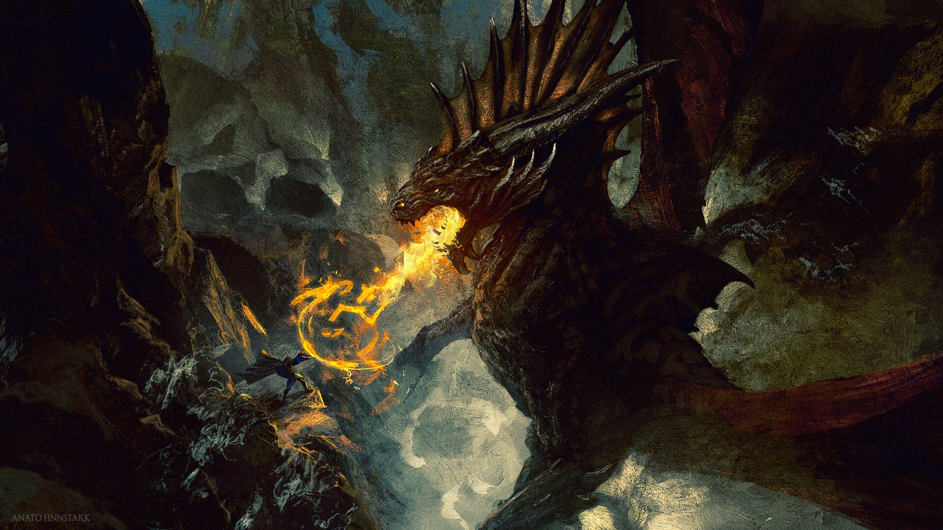 Dragon breathing fire at a knight in a cave HD Wallpaper