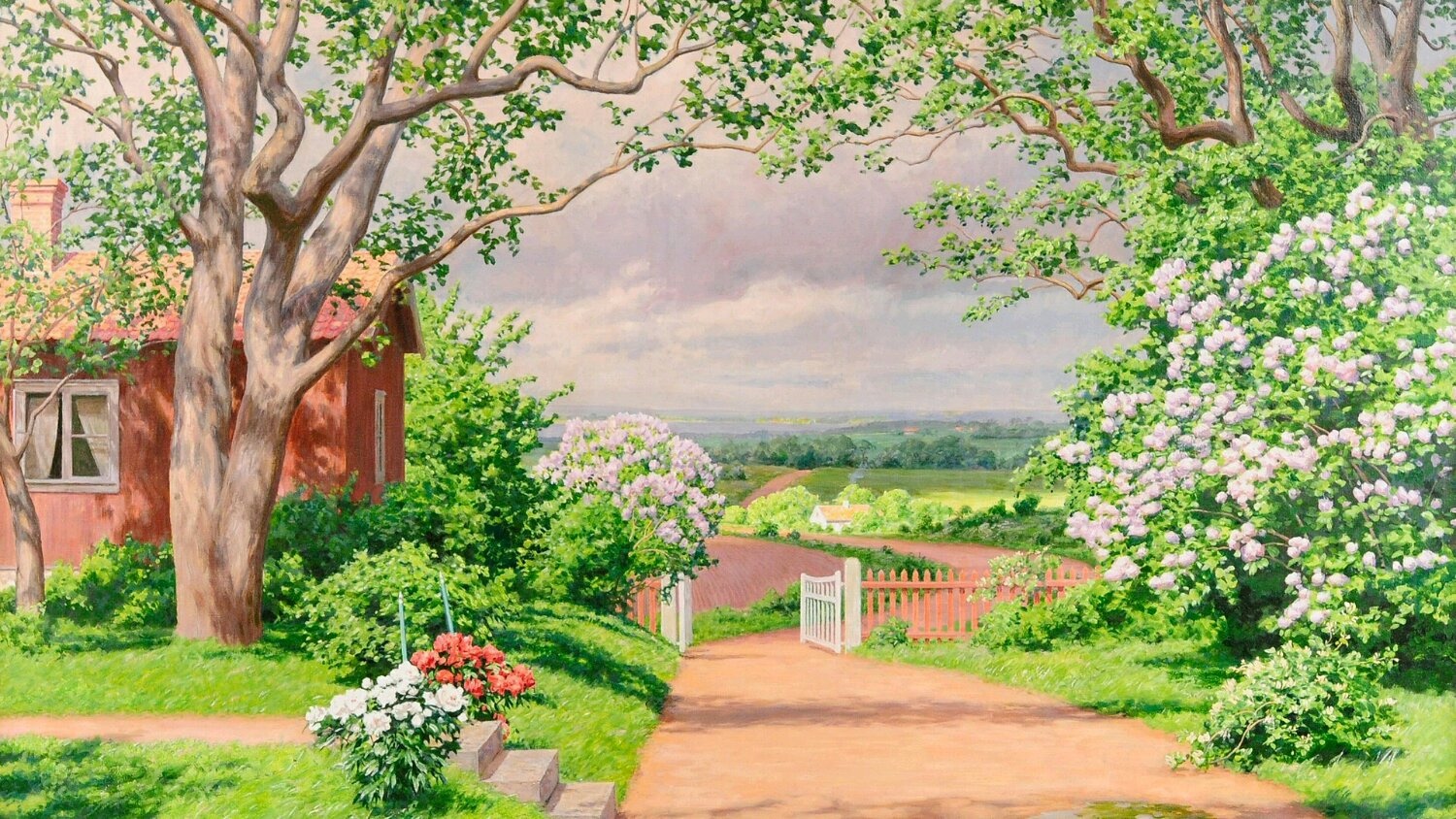 Red house with flowers and trees in a garden HD Wallpaper