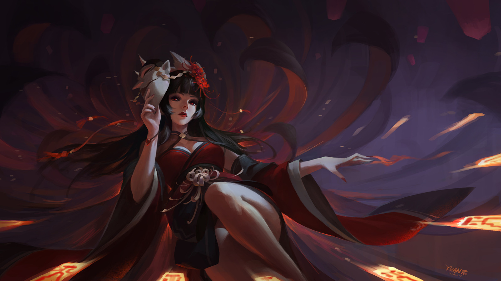 Higanbana from Onmyouji holding a mask HD Wallpaper