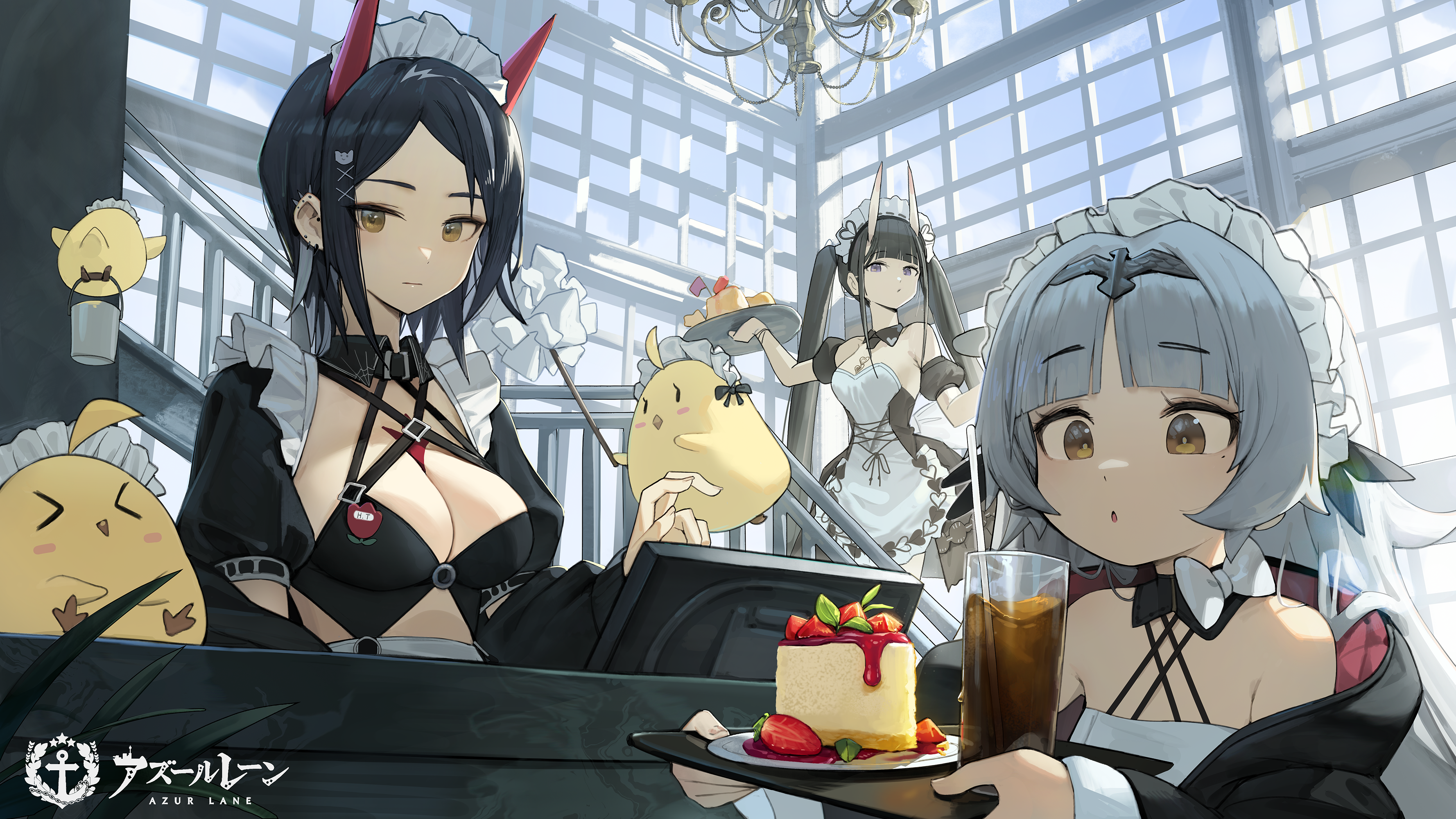 Azur Lane maids Z46, Noshiro, and Ulrich von Hutten serve cake HD Wallpaper