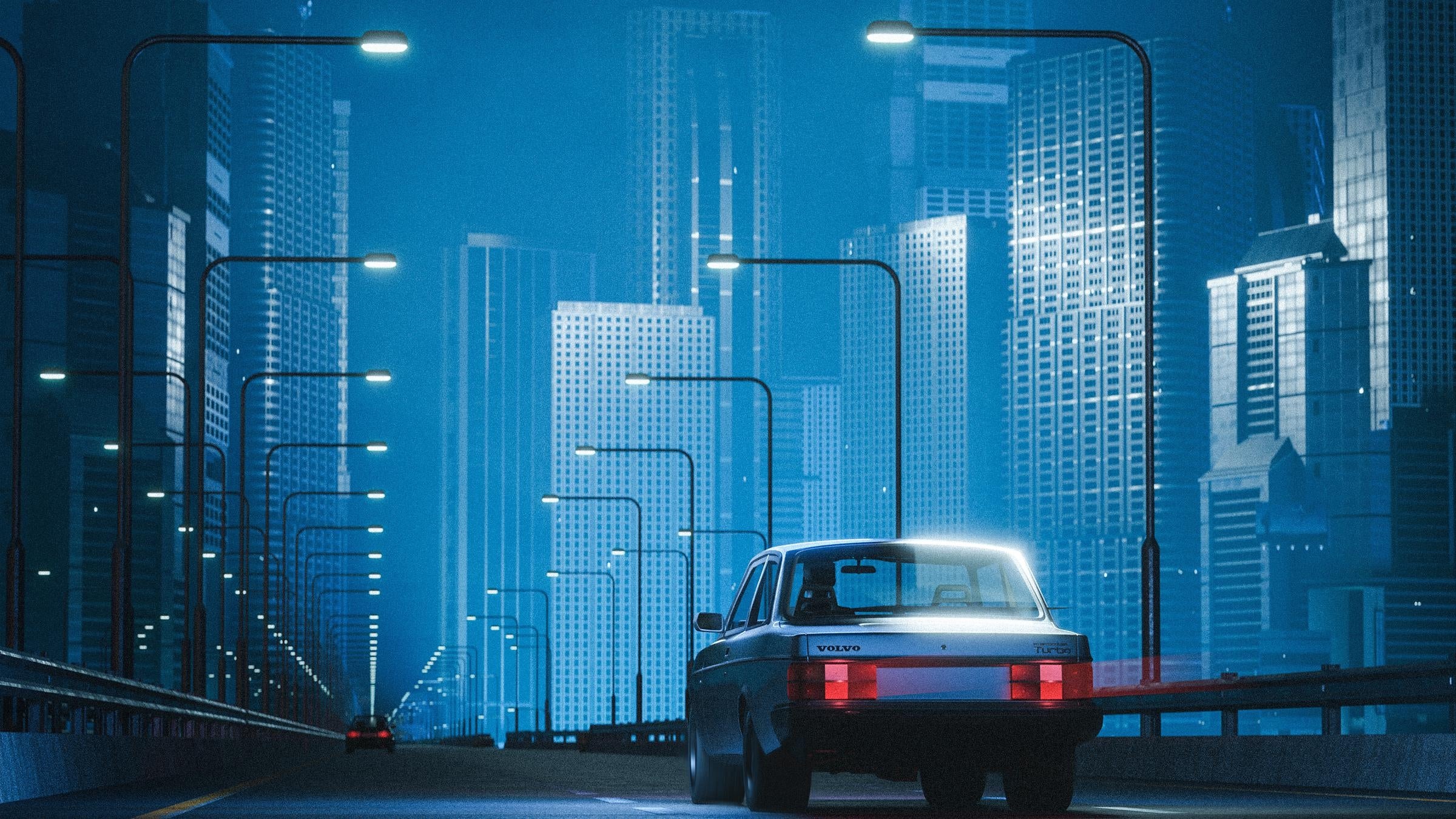 Volvo car driving on a highway at night with city skyline HD Wallpaper