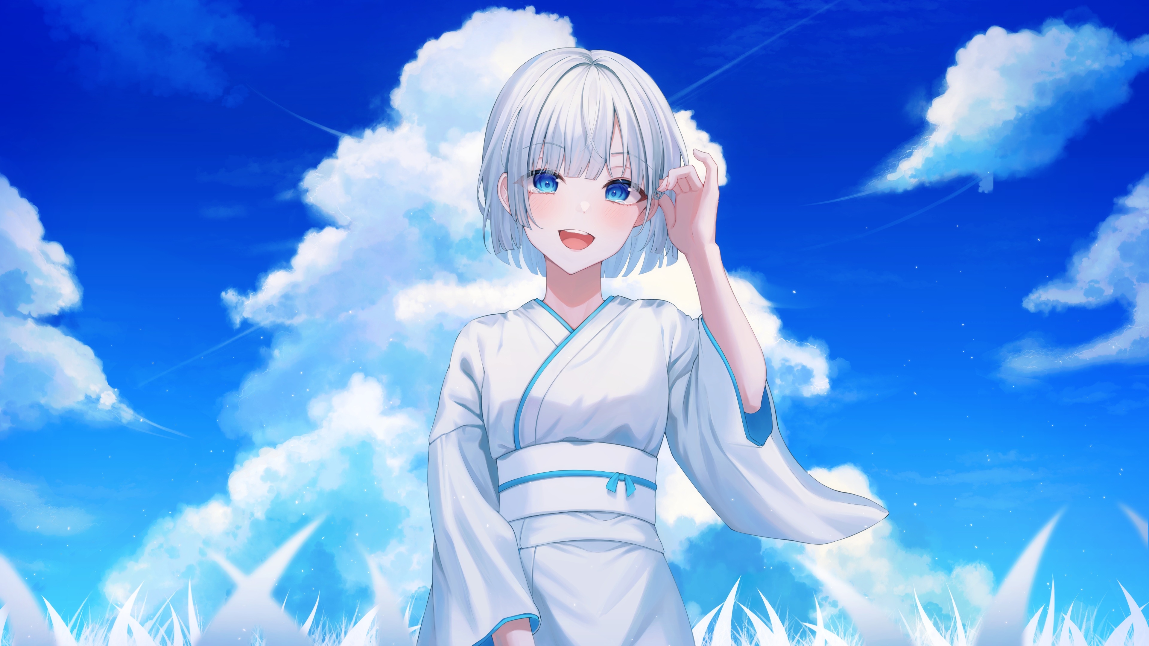 4K anime girl with silver hair and blue eyes in white clothing HD Wallpaper