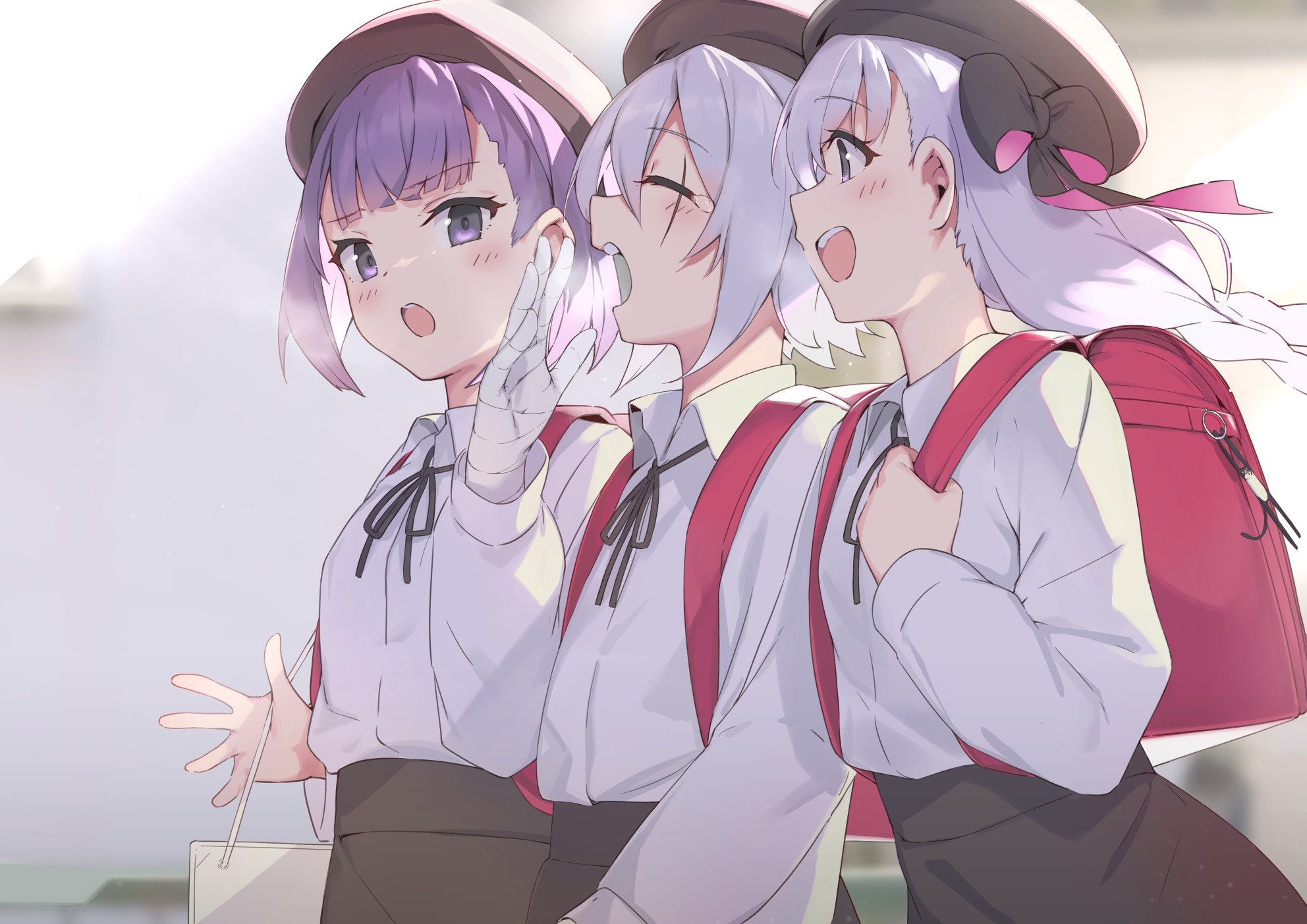 Three girls in school uniforms with backpacks HD Wallpaper
