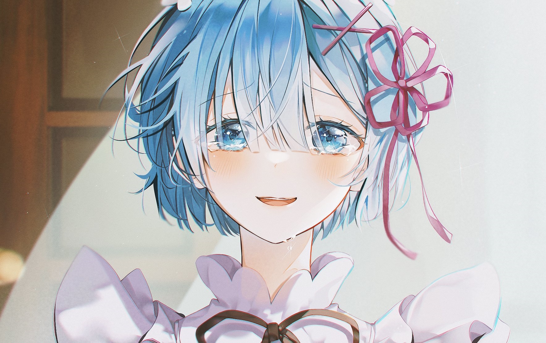 Rem from Re:Zero crying with a smile HD Wallpaper