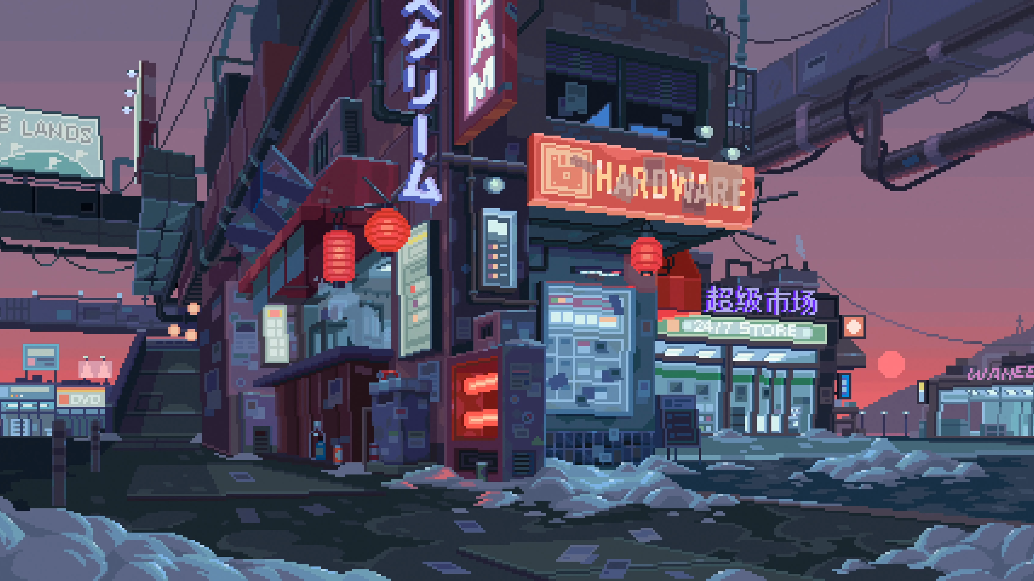Pixel art cyberpunk city street with neon lights HD Wallpaper