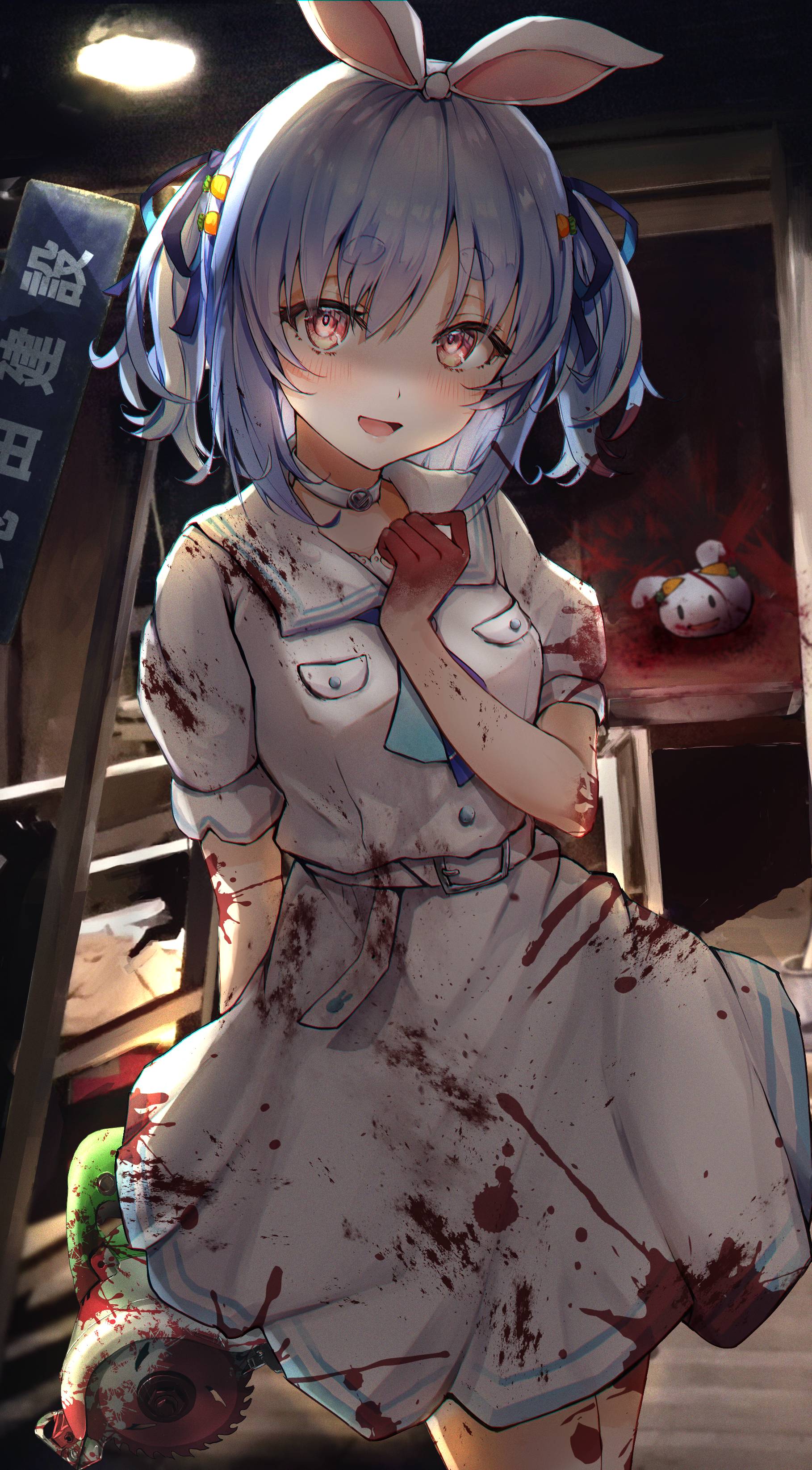Usada Pekora covered in blood holding a chainsaw HD Phone Wallpaper