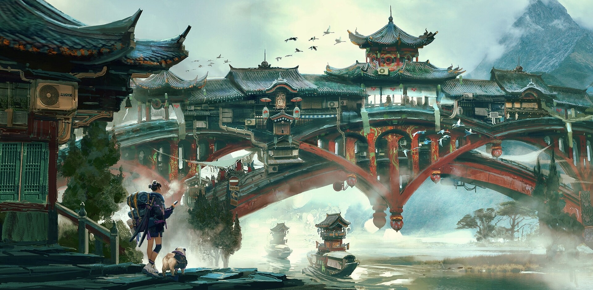 Fantasy Asian architecture with a person and dog HD Wallpaper