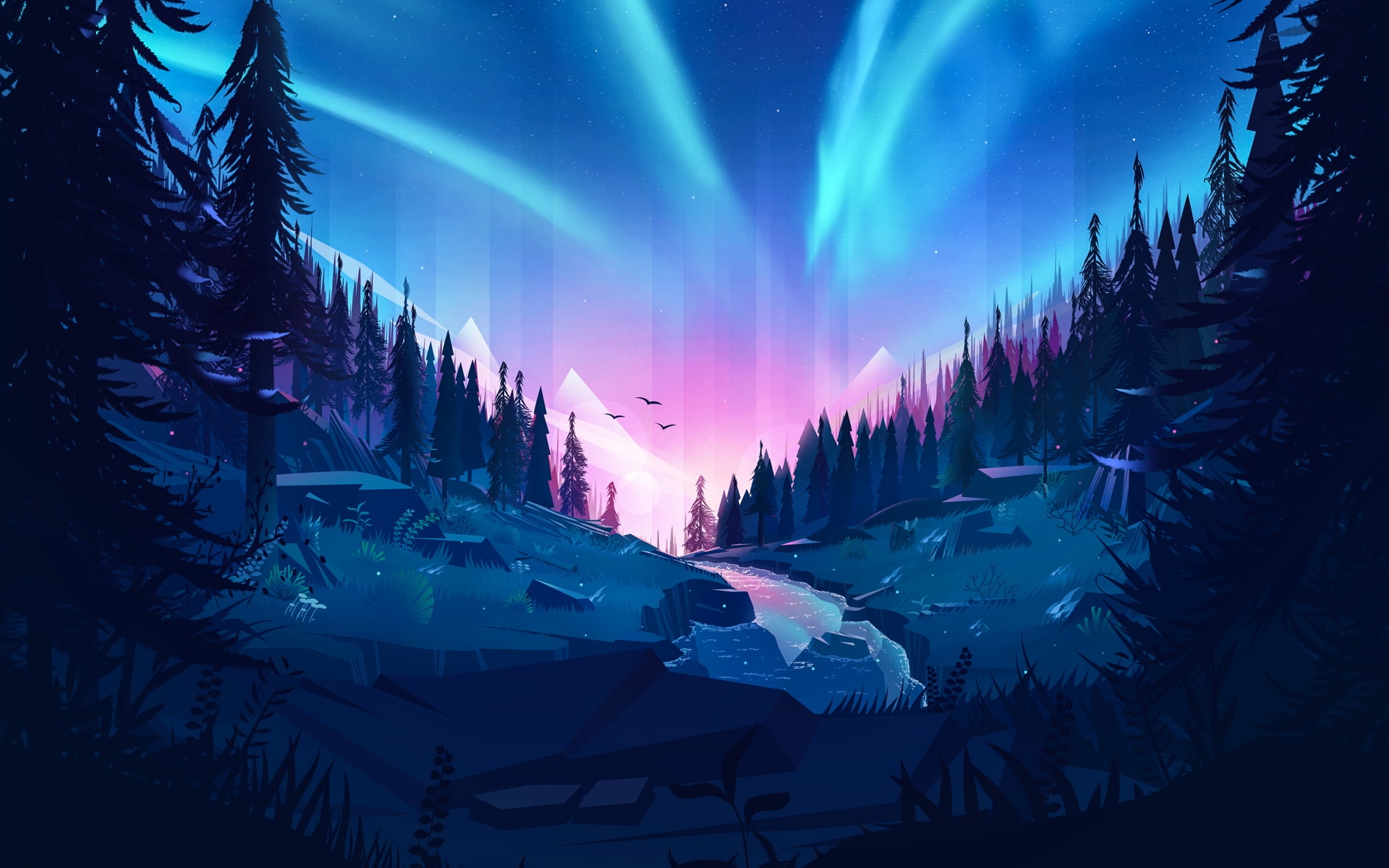 Forest landscape with aurora borealis and river HD Wallpaper