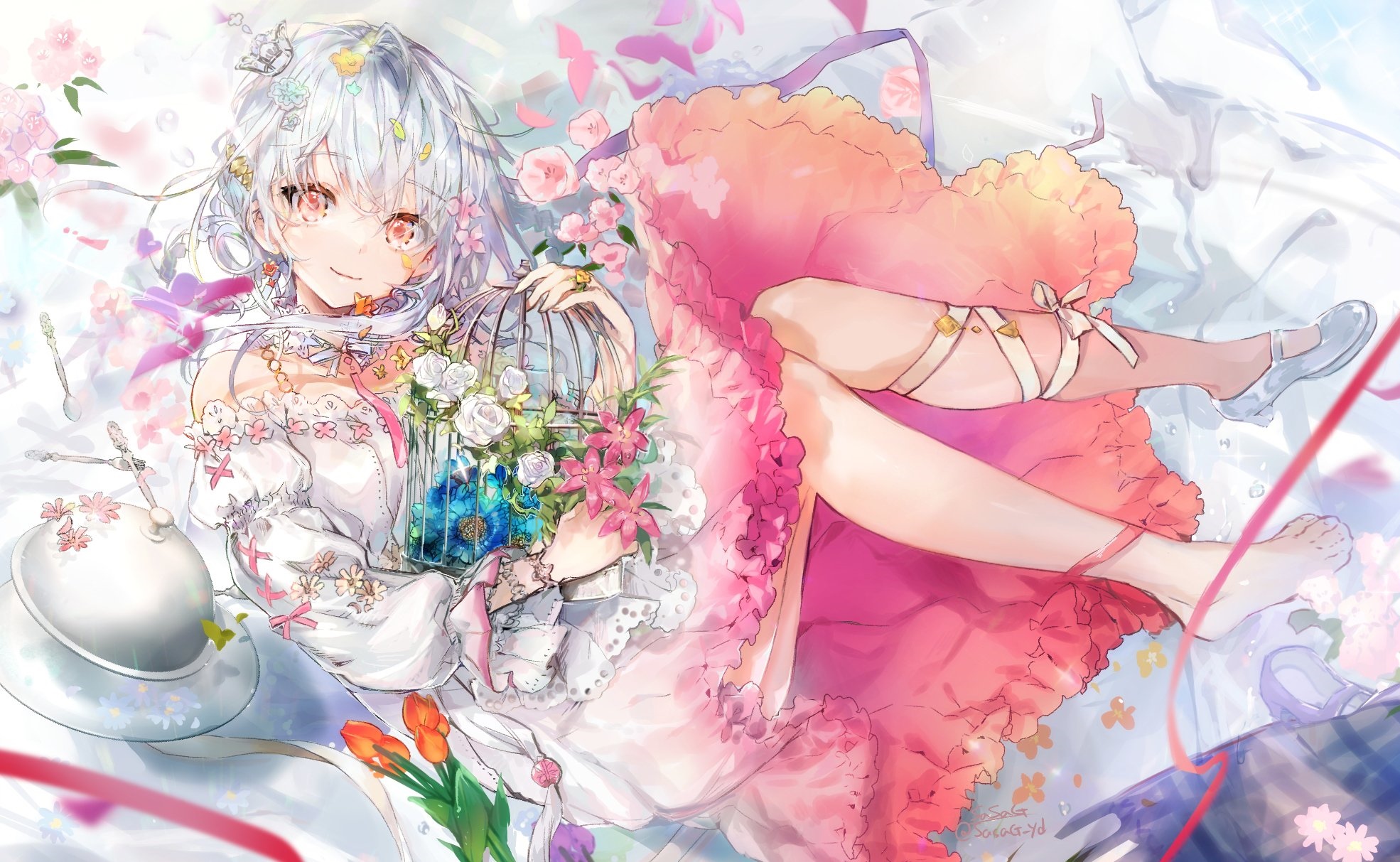 Anime girl with silver hair and red eyes holding a birdcage HD Wallpaper